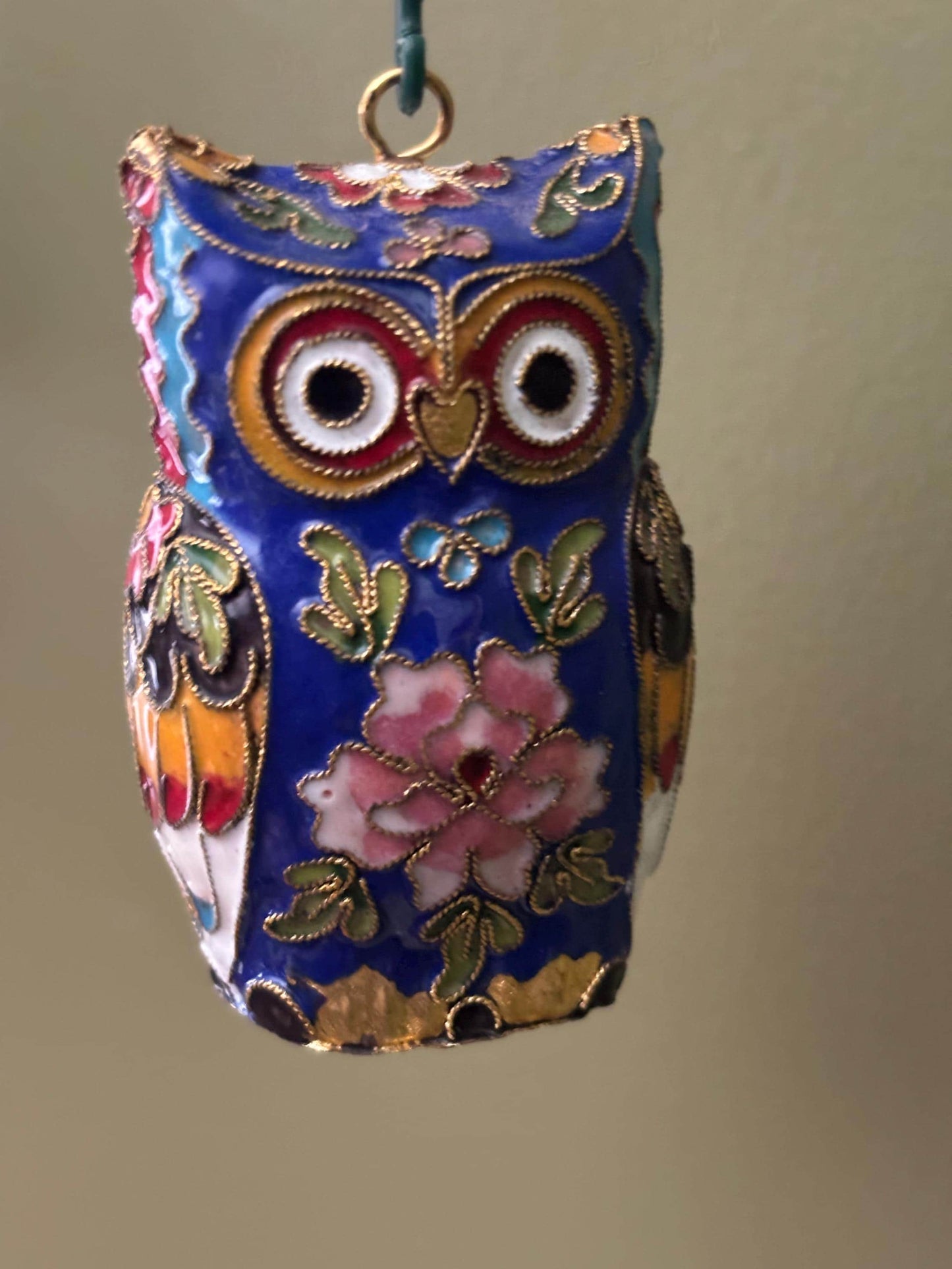 Vintage Cloisonné Brass Enameled Tall Standing Owl Statue Purple Pink Rose Enameled Owl Figurine Lover Antiques and Vintage