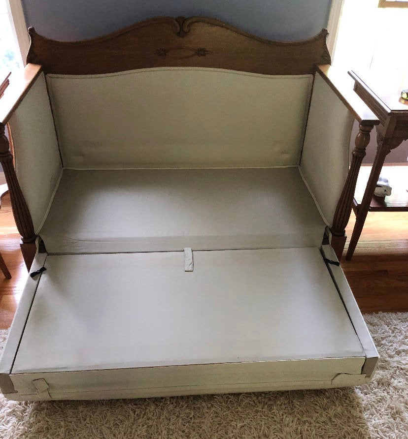 Antique Oak Carved Cream Loveseat with Pull Out Trundle Bed Lover Antiques and Vintage