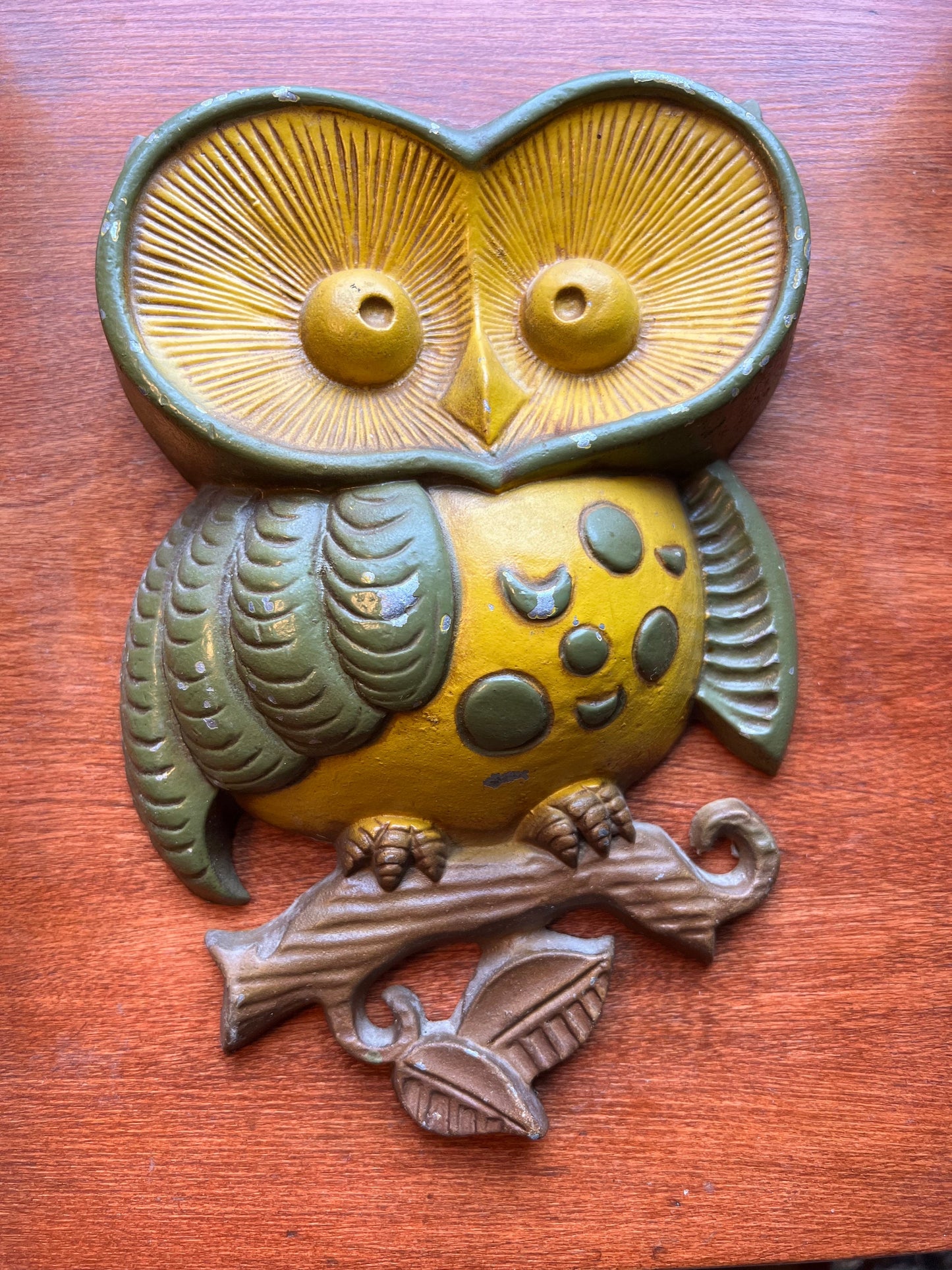 Vintage Sexton Cast Metal Owl Wall Art Pair - 1970s Green Owls