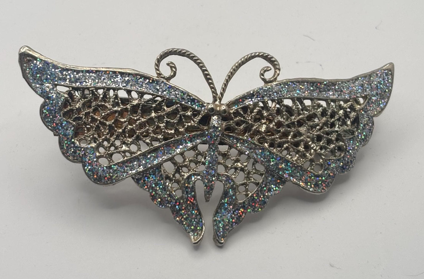 Elegant Butterfly Hair Clip, Butterfly Barrette Circa 1940's, French Silver Glass Stones