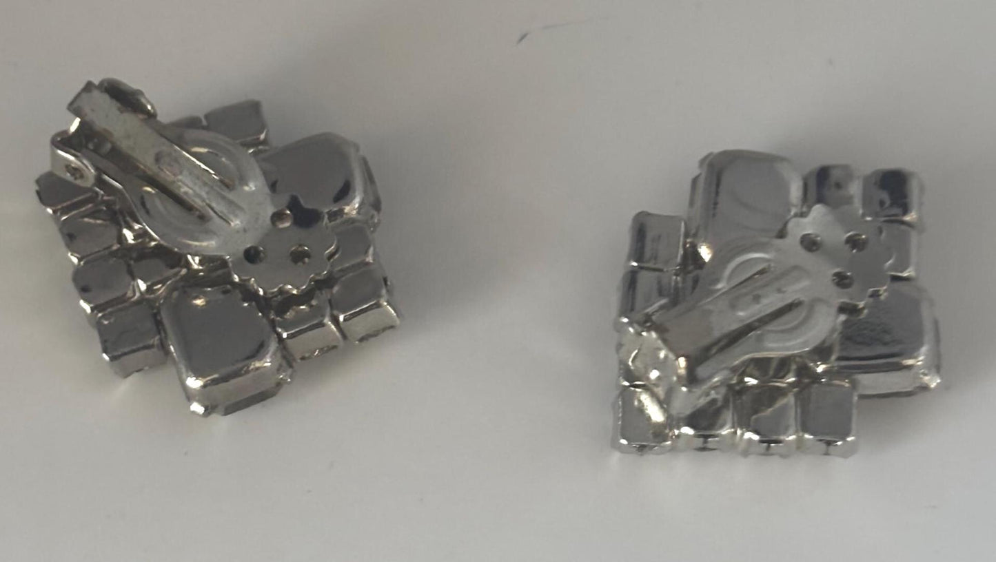 Silver Rhinestone Sparkling Clip On Earrings, Art Deco Jewelry