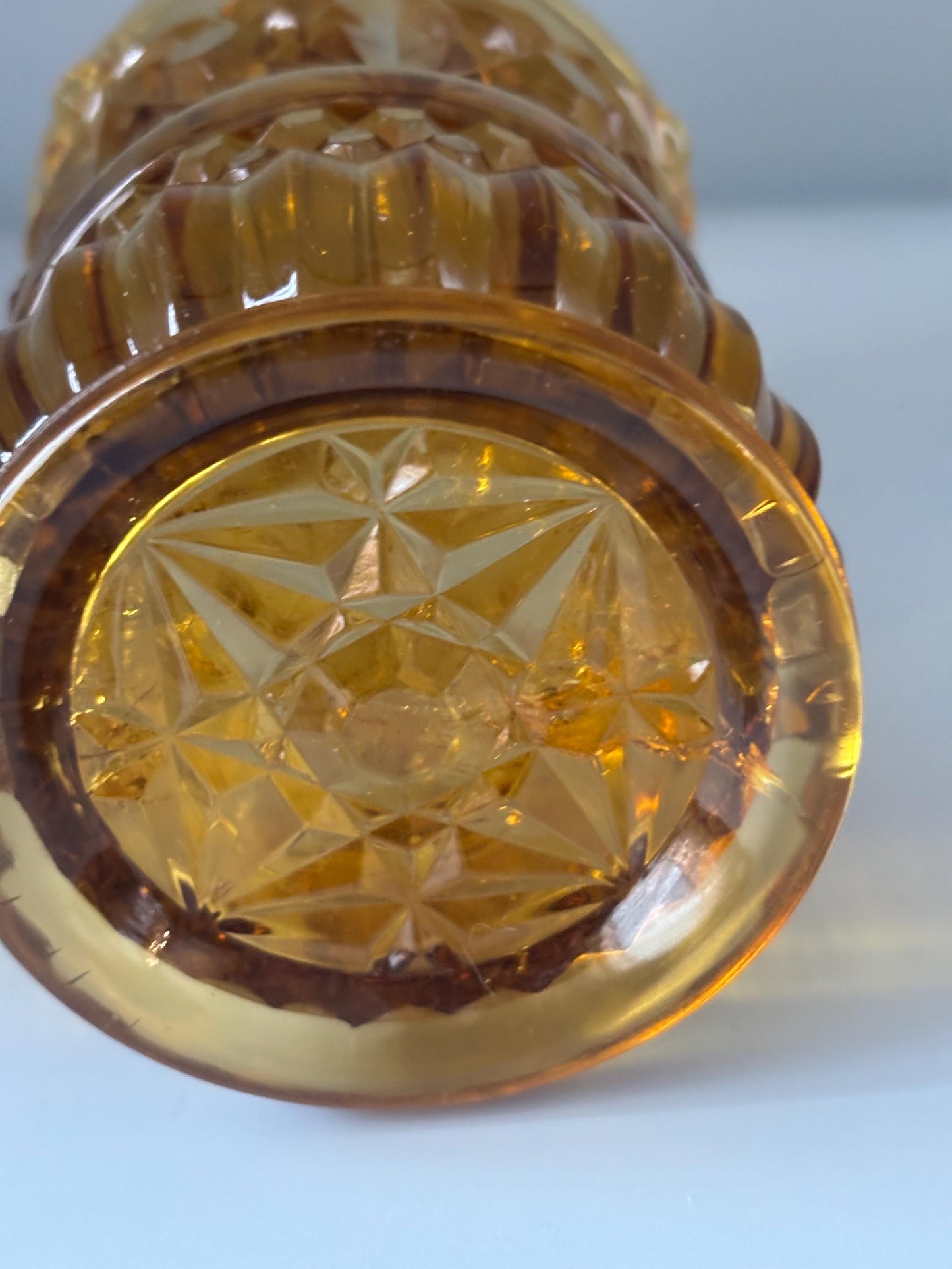 Antique Richards and Hartley Daisy Button Crossbar Mikado Amber Glass Vase Cup, Toothpick Holder, Lover Antiques and Vintage