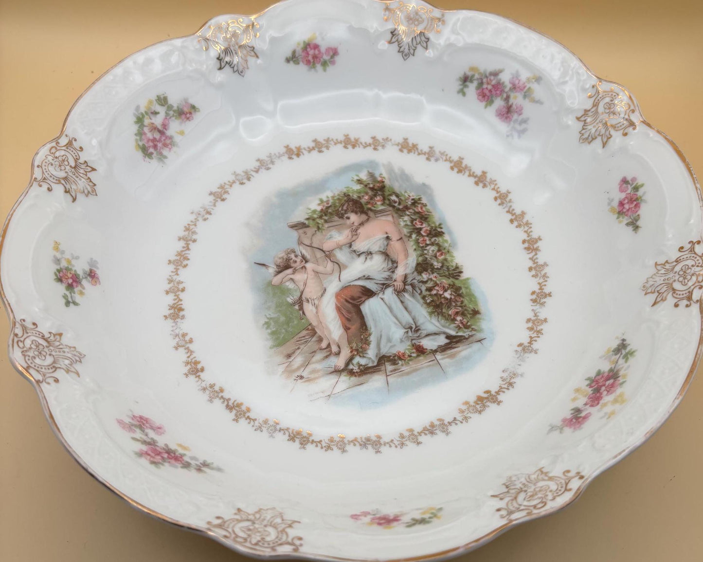 Antique Zeh Scherzer Bavaria Porcelain Bowl Z.S. & Co Plate Cupid and Maiden Surrounding Flowers Design Lover Antiques and Vintage