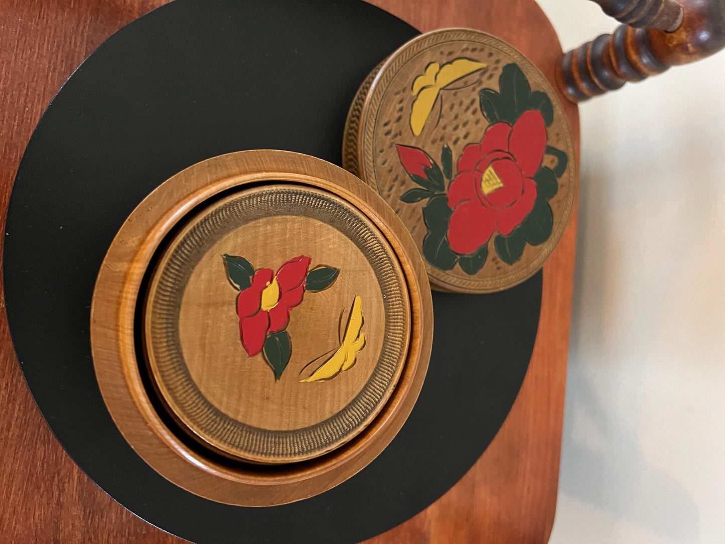 Vintage Japanese Wood Coaster Set: Hand-Painted Floral Box