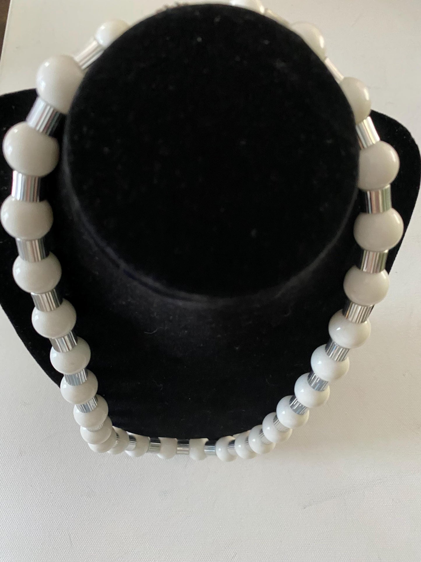 Vintage White Beaded Necklace with Silver Accents