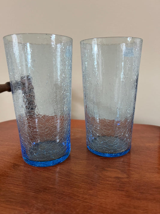 Vintage Blue Crackle Glass Cup Set of 2 Art Blue Art Glasses Tall Glasses Lover Antiques and Vintage