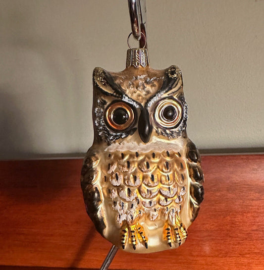 Vintage Brown Glass Owl Ornament - Made in Poland