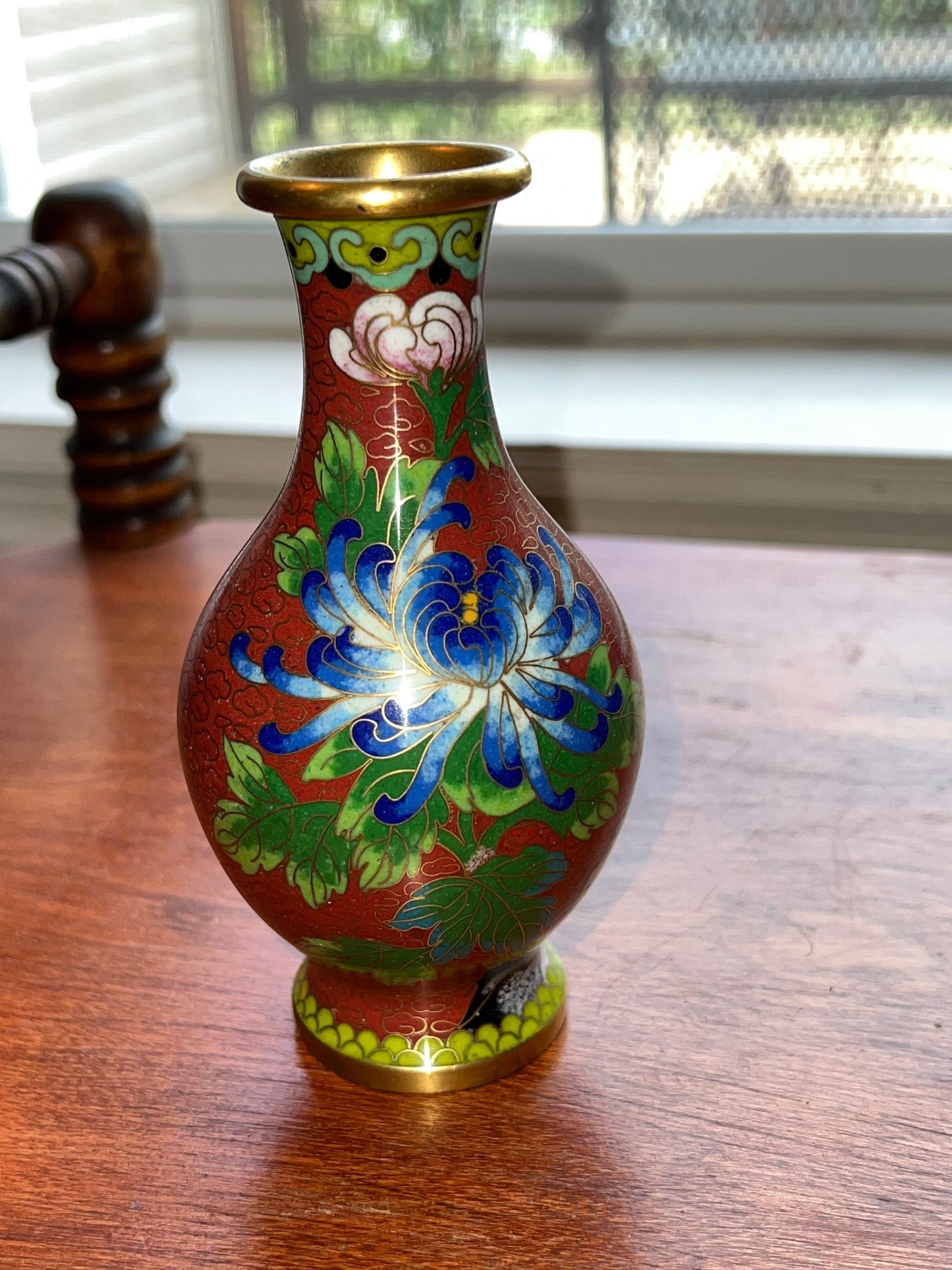 Vintage Cloisonné Vase brass and painted enamel 6” Red Green Blue Pink Flowers Lover Antiques and Vintage