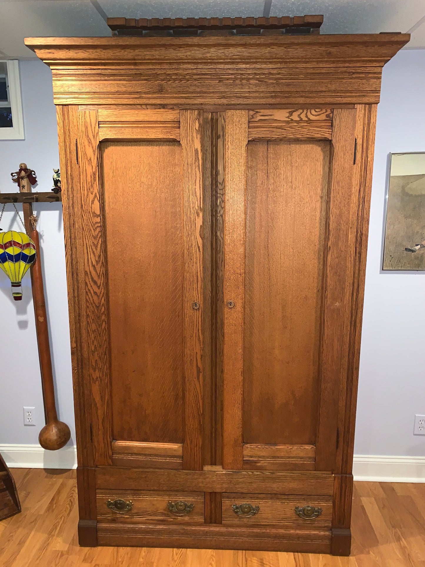 Antique Oak Eastlake Armoire: Tall Double Door Wardrobe, Circa 1800s