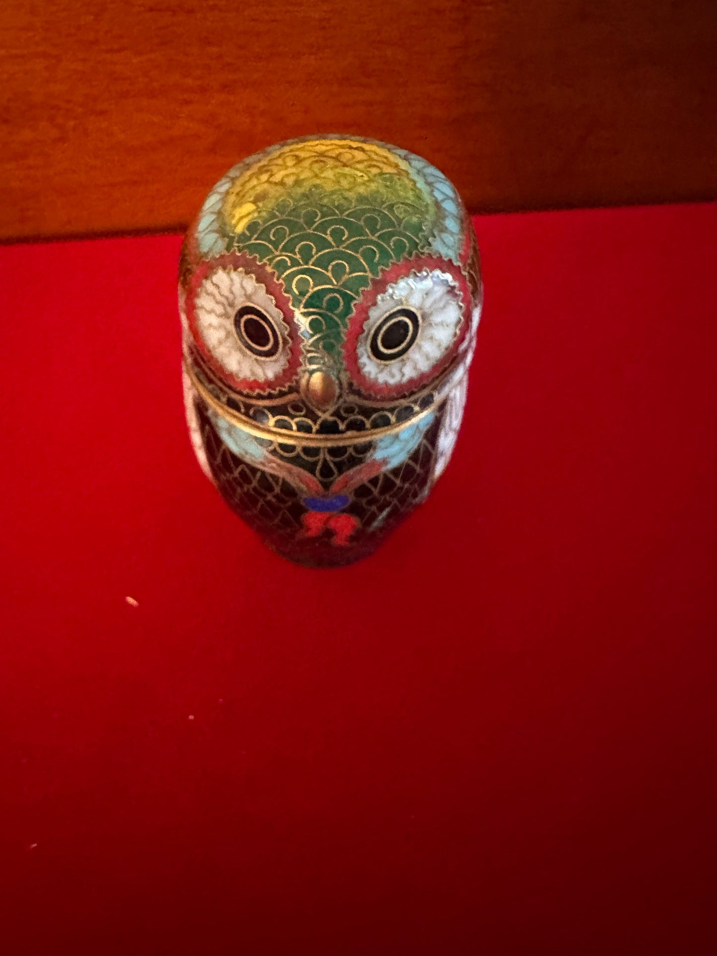 Vintage Cloisonné Enamel Owl Trinket Box with Brass Base