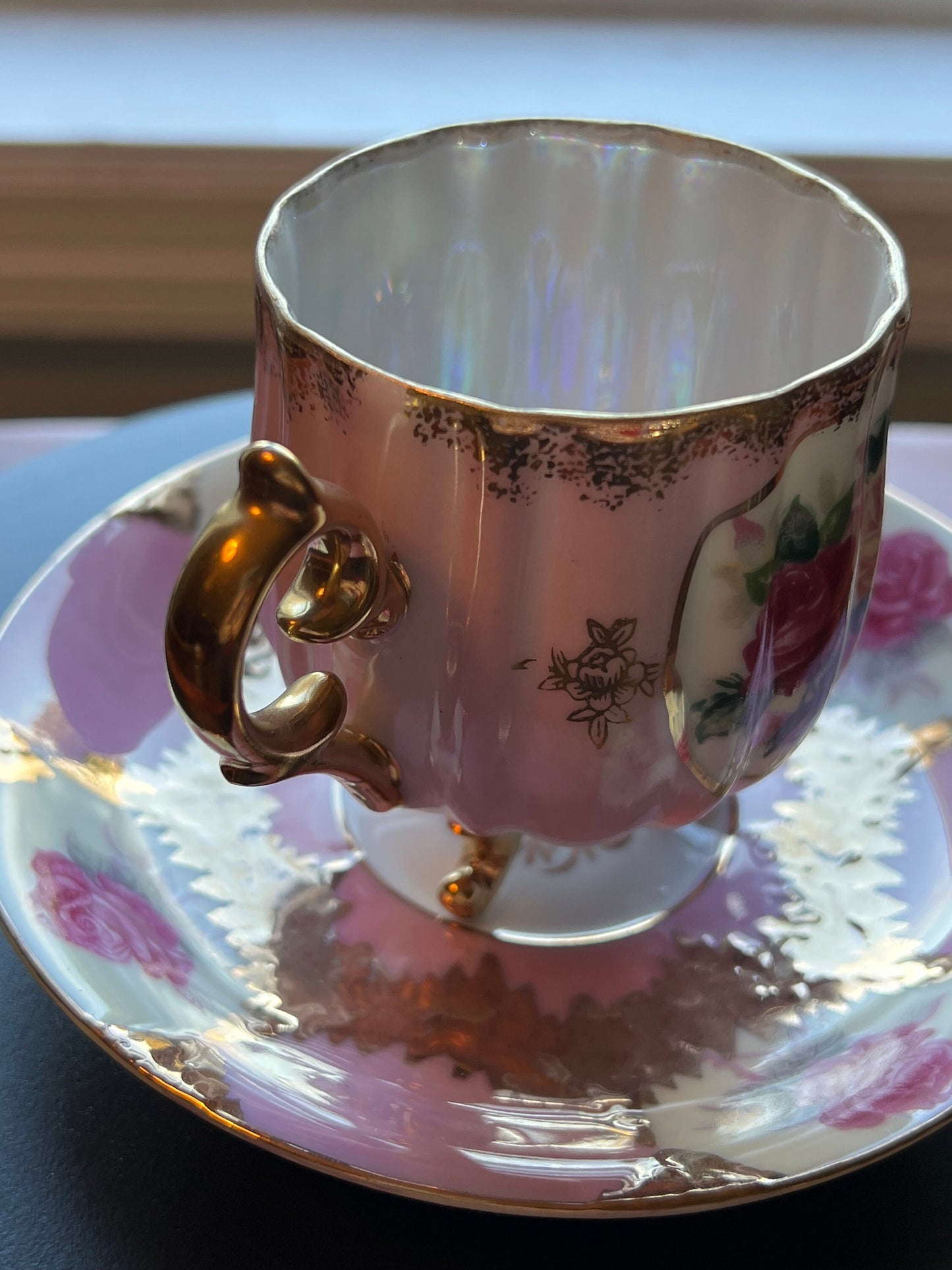 Vintage Shafford Bone China Tea Cup and Saucer: Rose and Gold Hand Painted