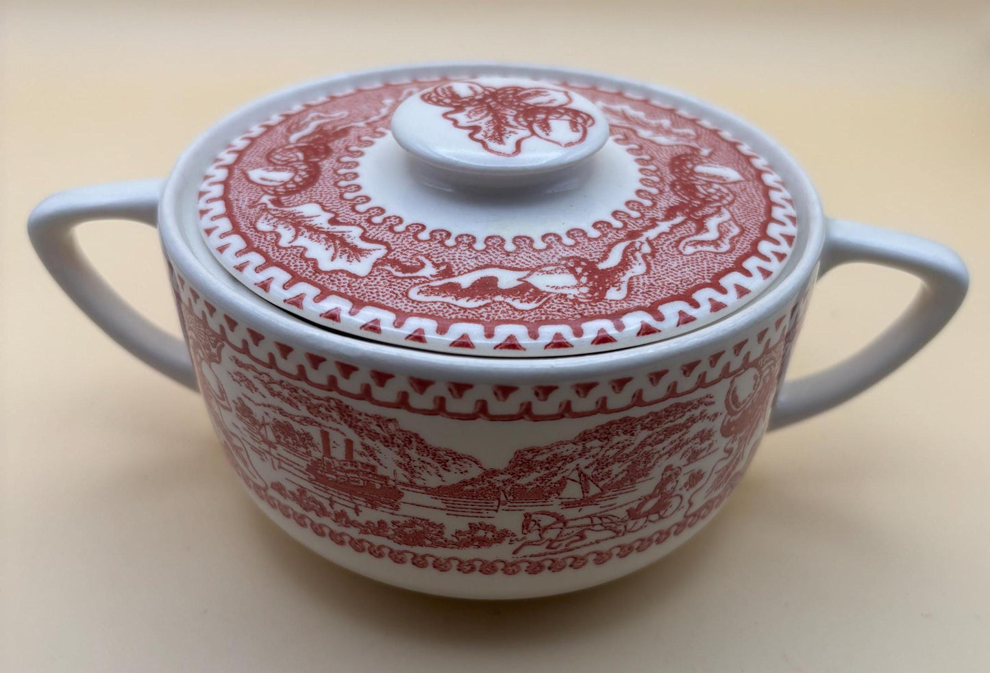 Vintage Red & White Sugar Bowl with Lid: Double Handle Dish