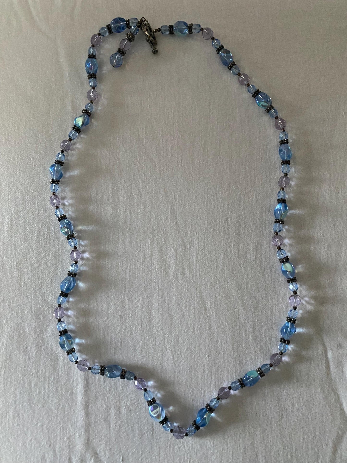 Vintage Blue Silver Beaded Necklace with Heart Clasp, Unique Gift for Her, Romantic Silver Jewelry, Antique Blue Beaded Necklace