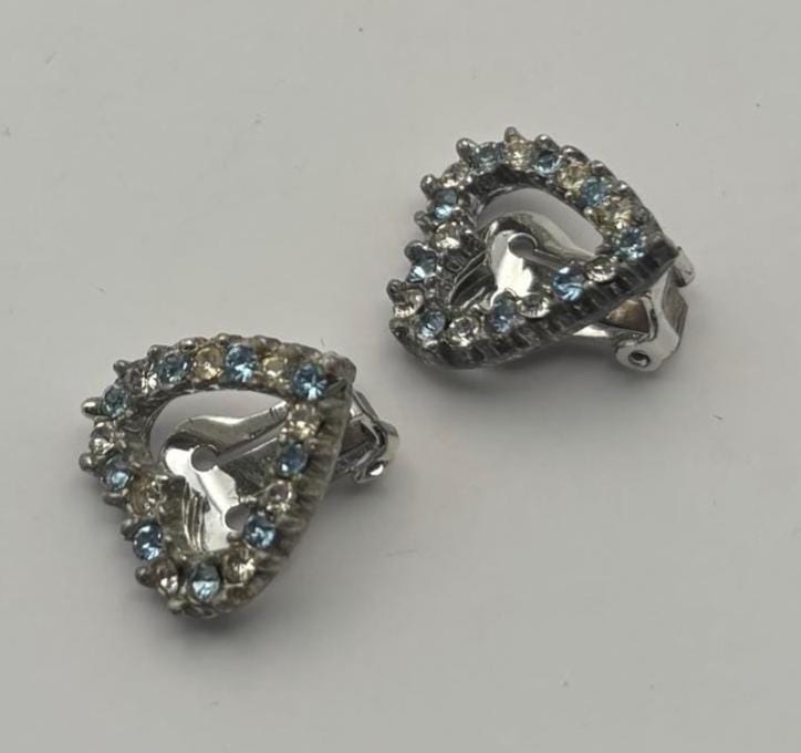 Vintage Silver Heart Rhinestones Earrings Lover Antiques and Vintage