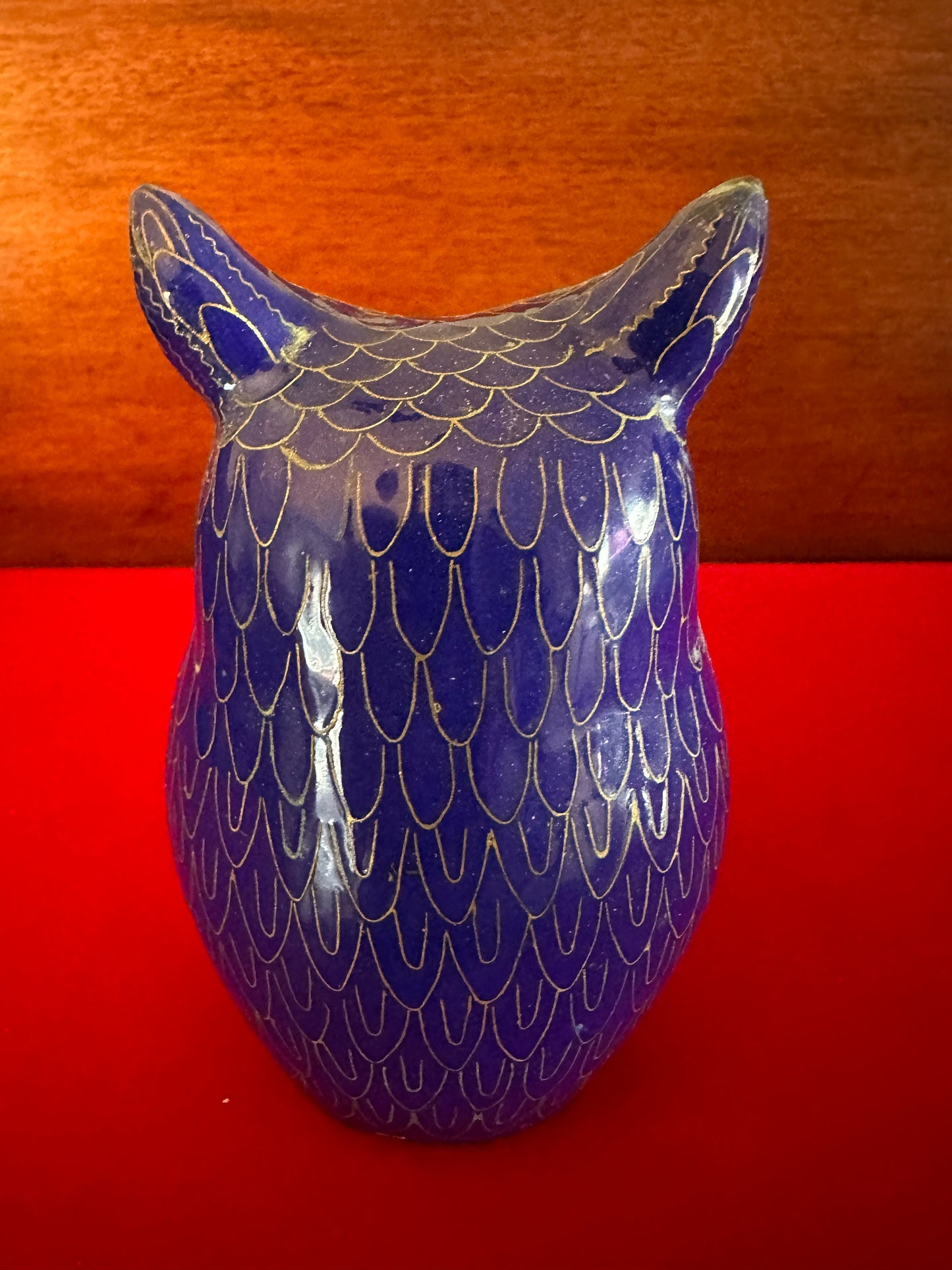 Vintage Cloisonné Enamel Owl Statue: Cobalt Blue & Brass