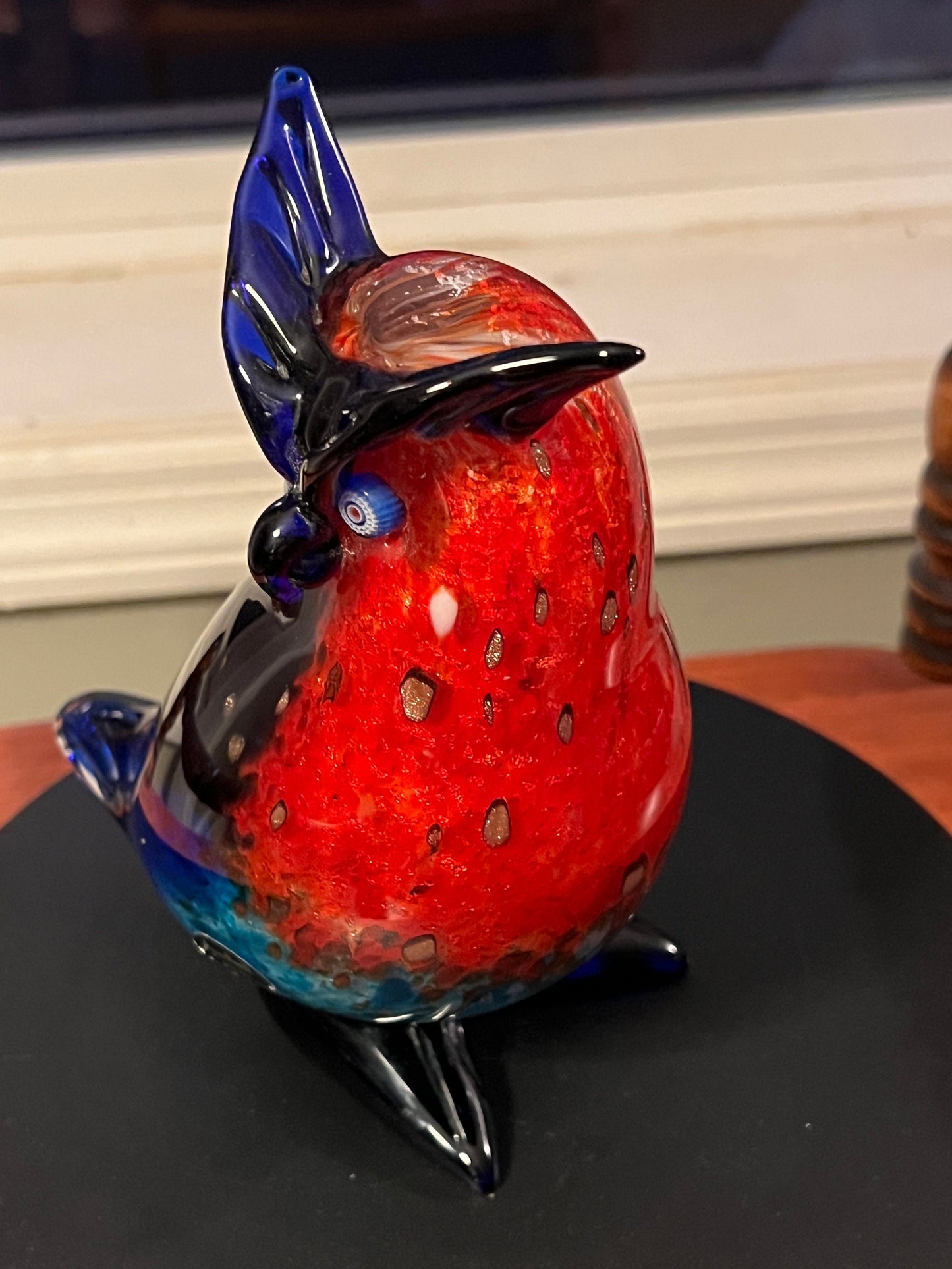 Vintage Murano Owl, signed by Franco Moretti Blue Red and Gold Sculpture, Owl Figurine, Art Glass, Lover Antiques and Vintage