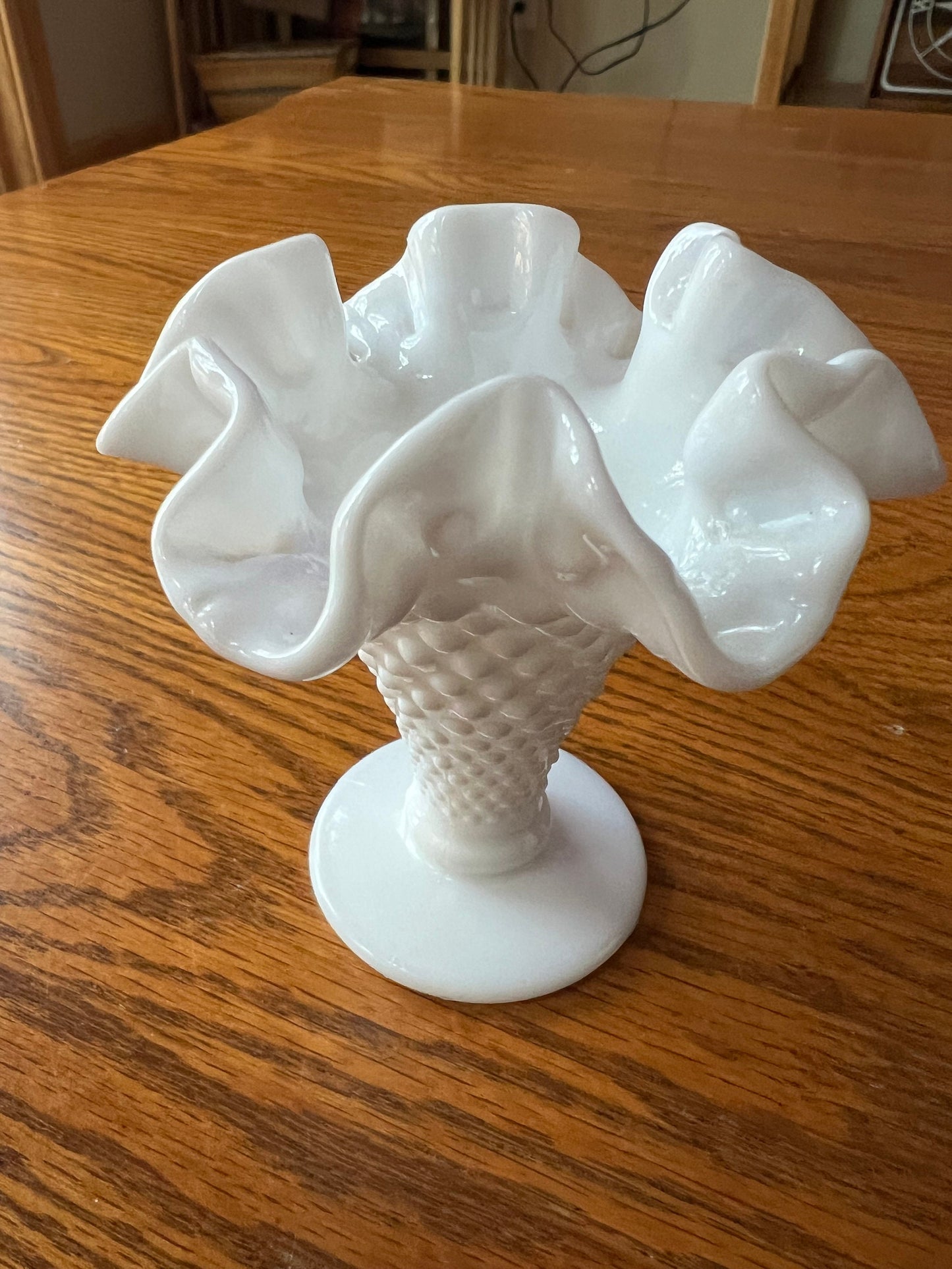 Vintage White Hobnail Glass Vase: Ruffled Edge, Art Glass