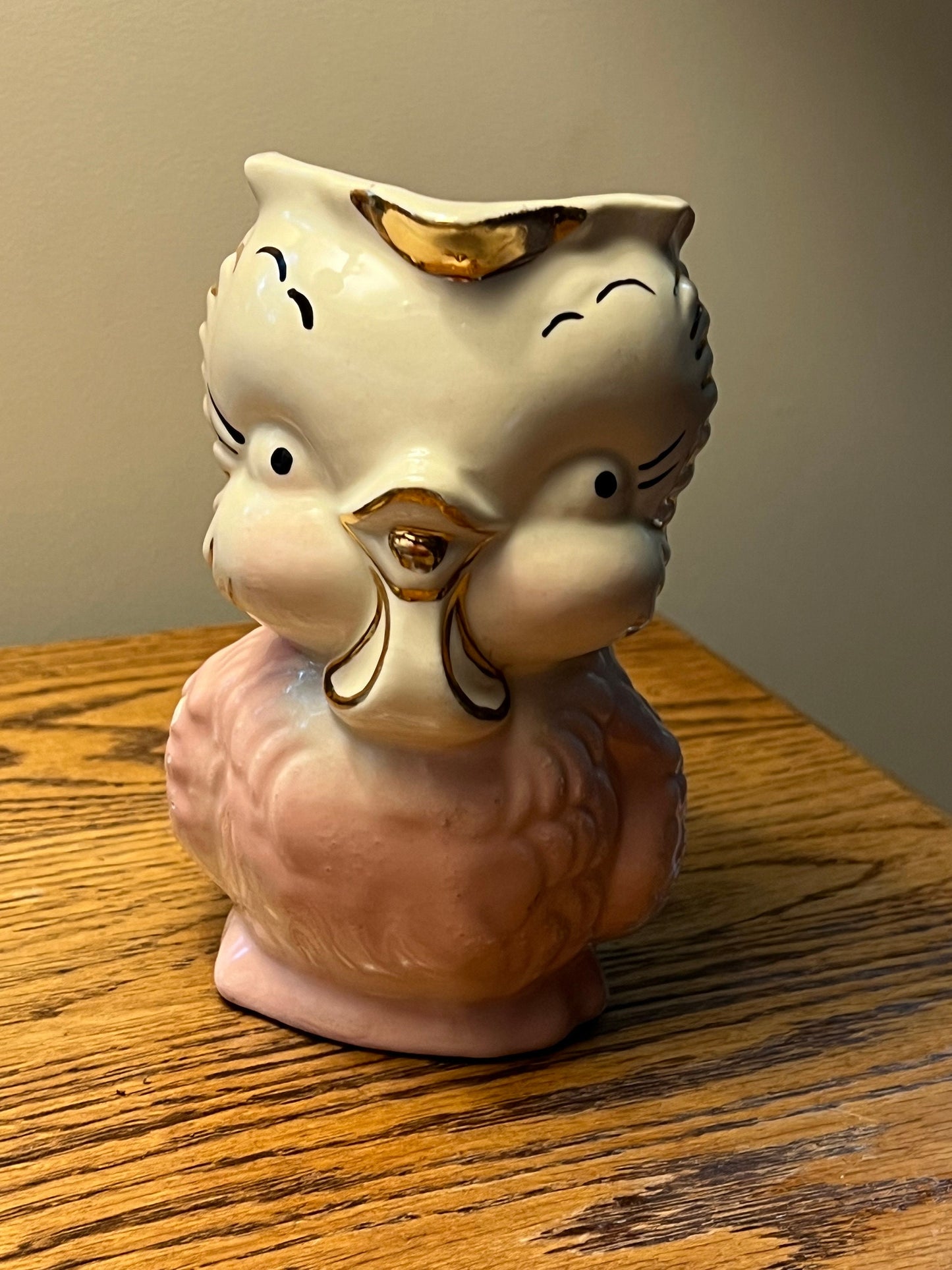 Vintage Shawnee Pottery Owl Pitcher: Pink & White with 14K Gold Trim