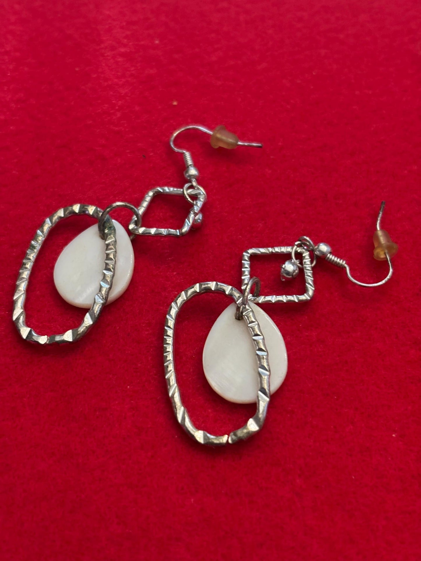 Vintage Pair of Silver Dangle Earrings with Diamond Shaped Top and Oval Bottom and Opal Style Stone