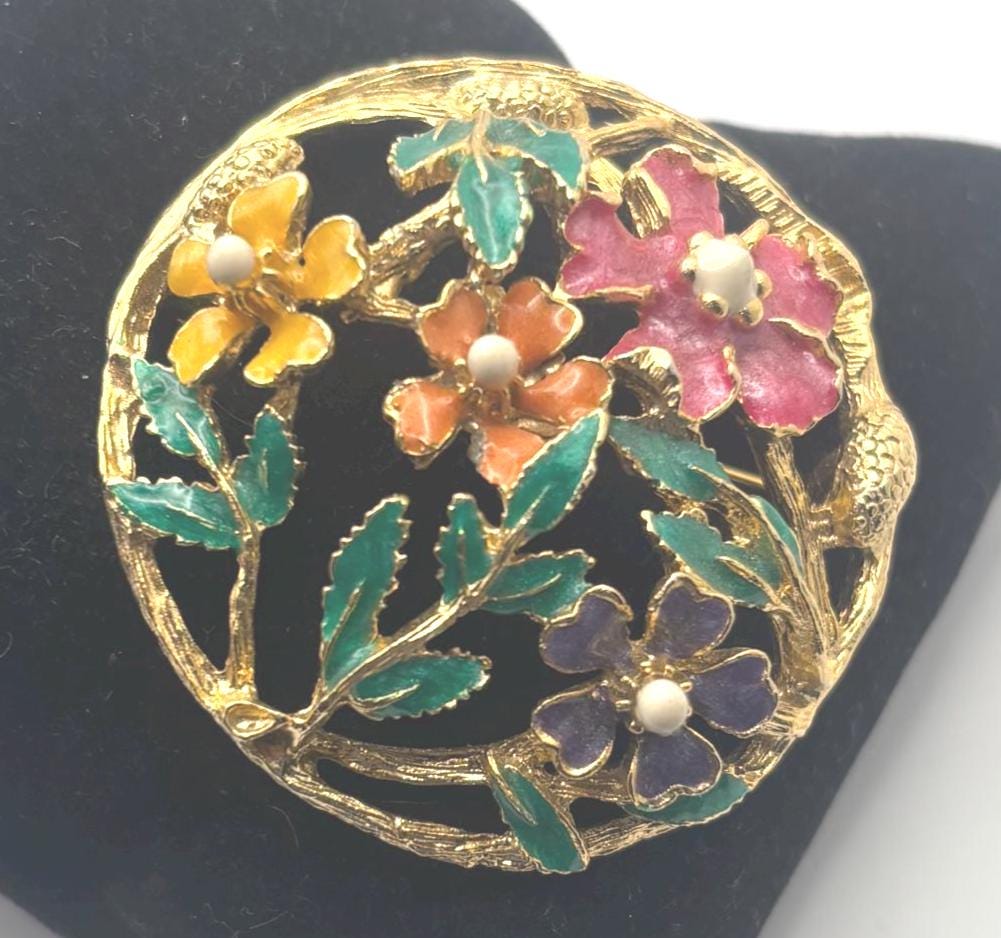 Catherine Popesco Flower Enamel Pin and Gold Floral Brooch, Lover Antiques and Vintage