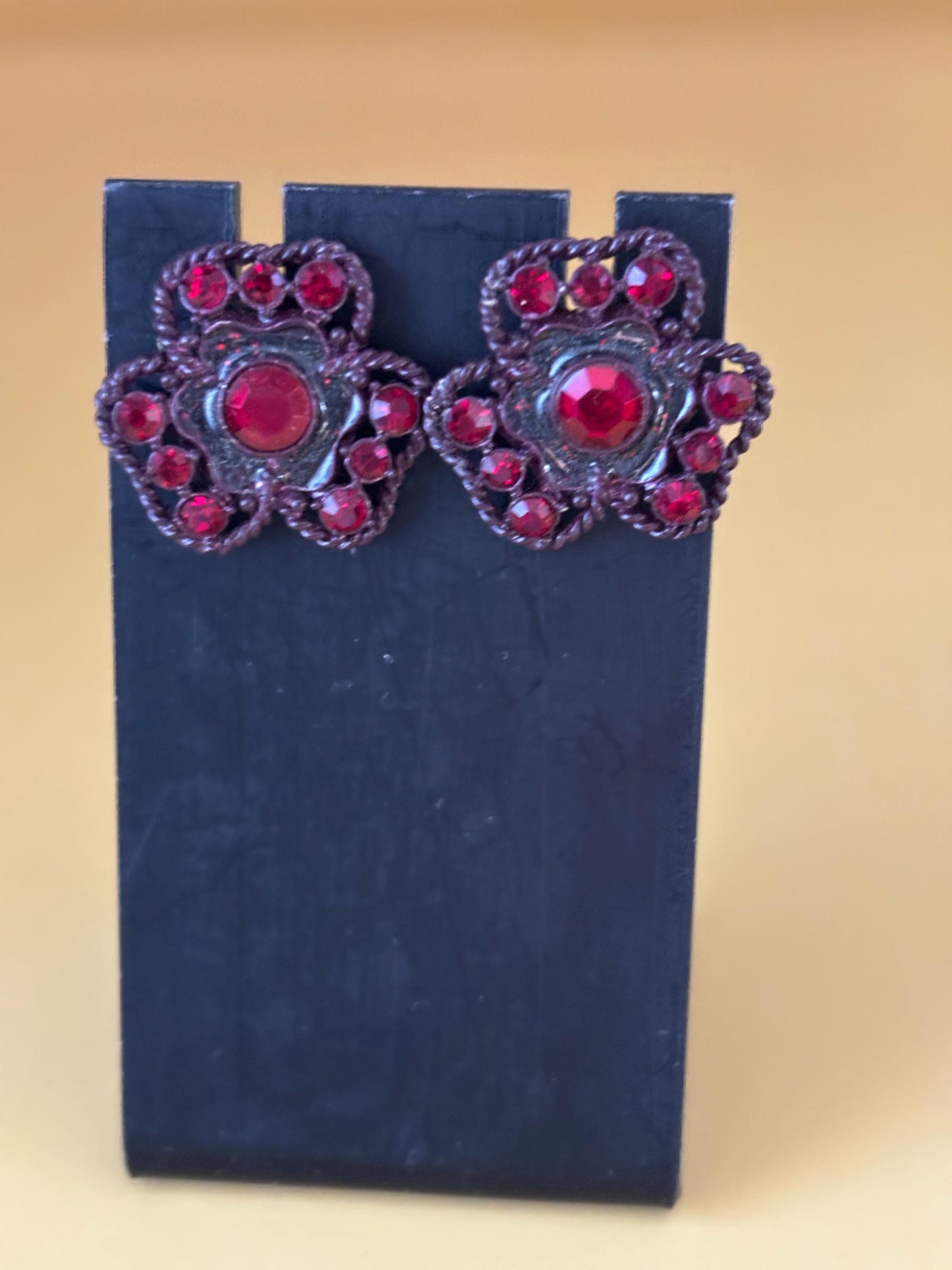 Vintage Judy Lee Ruby Red Flower Clip On Earrings