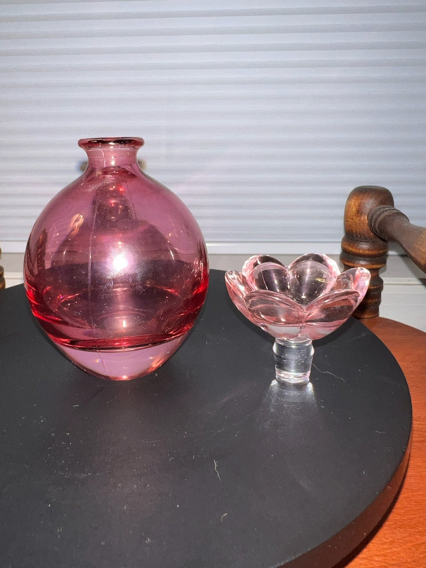 Vintage Cranberry Glass Decanter: Pink Flower Stopper, Art Glass Bottle