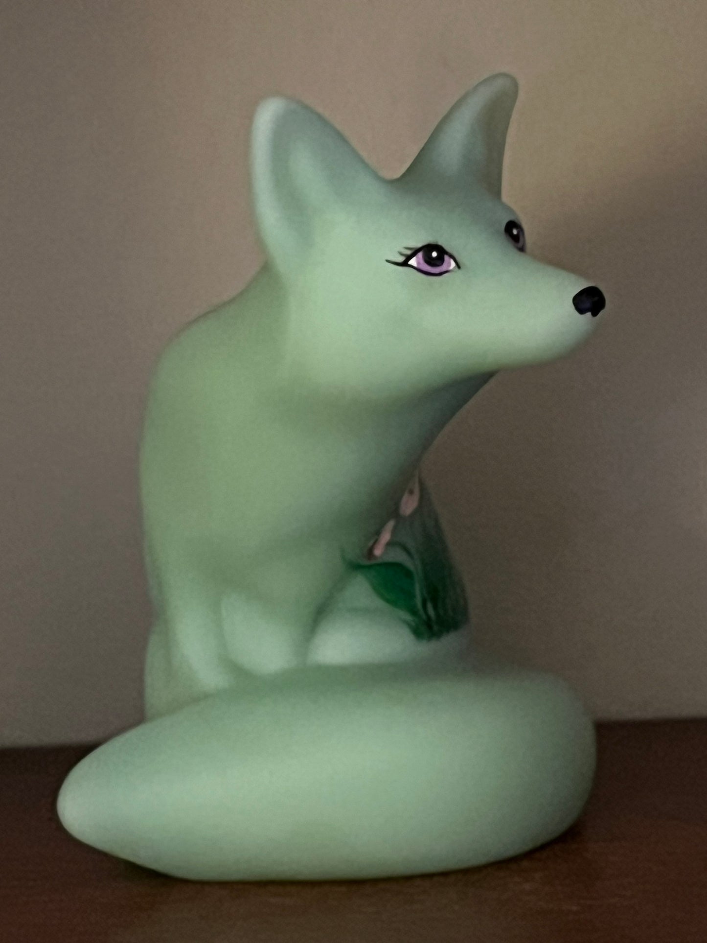 Fenton Green Hand Painted Fox Signed Lisa Van Es Art Glass, Painted Glass Fox Lover Antiques and Vintage