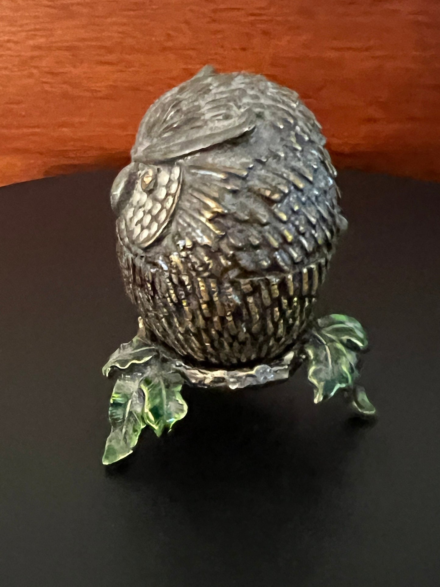 Vintage Owl Trinket Box: Jeweled Metal Owl on Leaf Stand