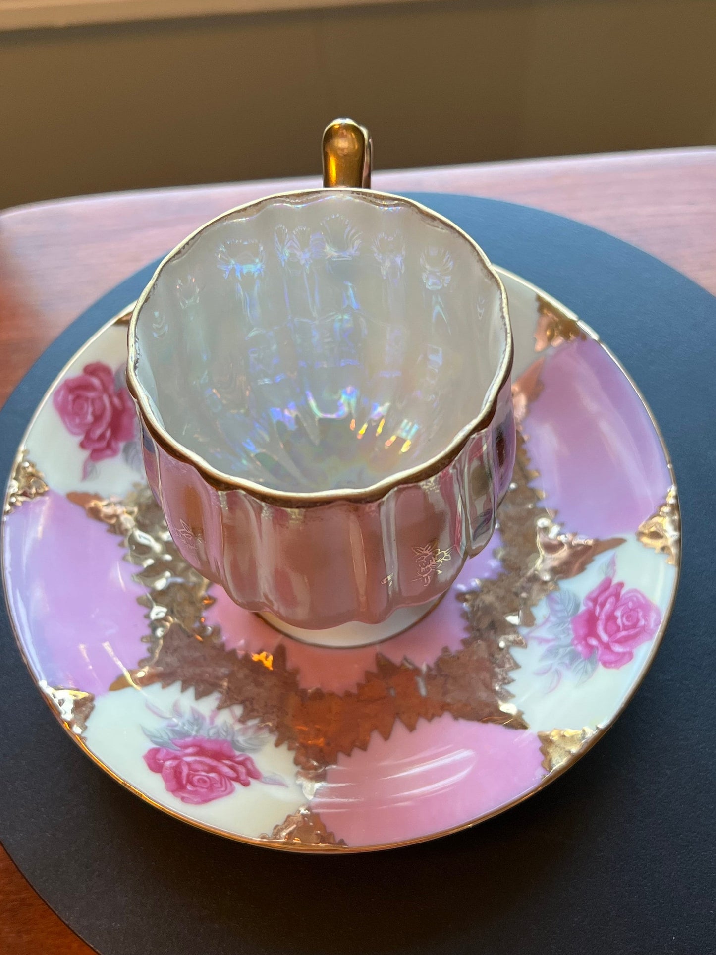 Vintage Shafford Bone China Tea Cup and Saucer: Rose and Gold Hand Painted