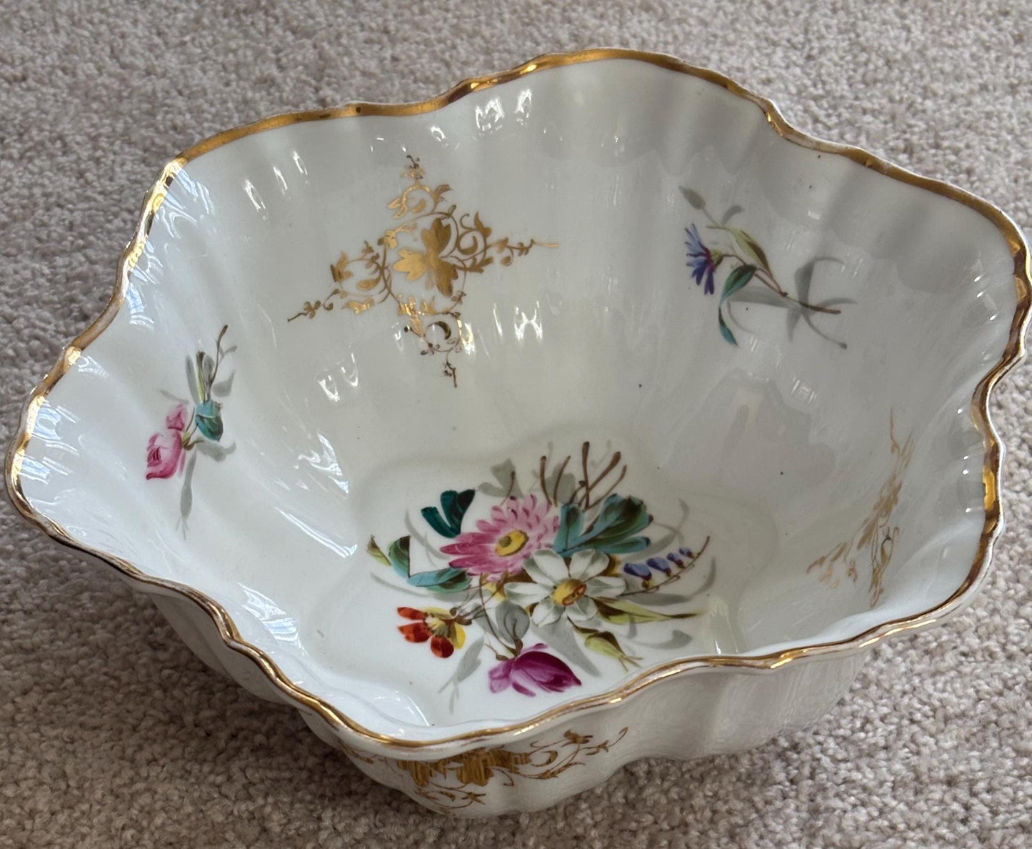 Antique German Dresden Scalleoped With Gold Trim, Ruffled Serpentine Floral Butterfly Bowl, Gold Gilded Plate, Lover Antiques and Vintage