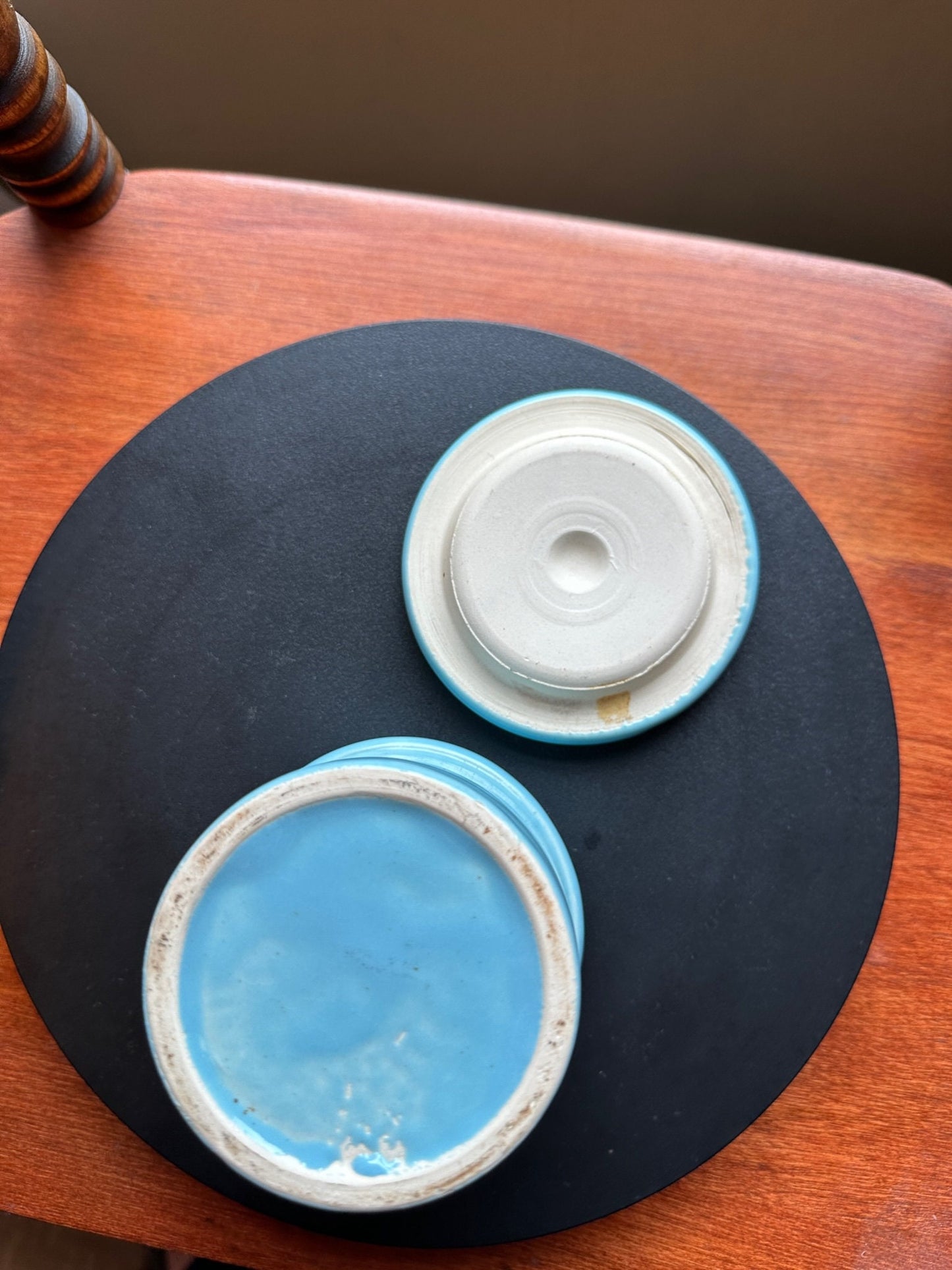 Vintage Blue Pottery Container with Lid: Folk Art Toothpick Holder