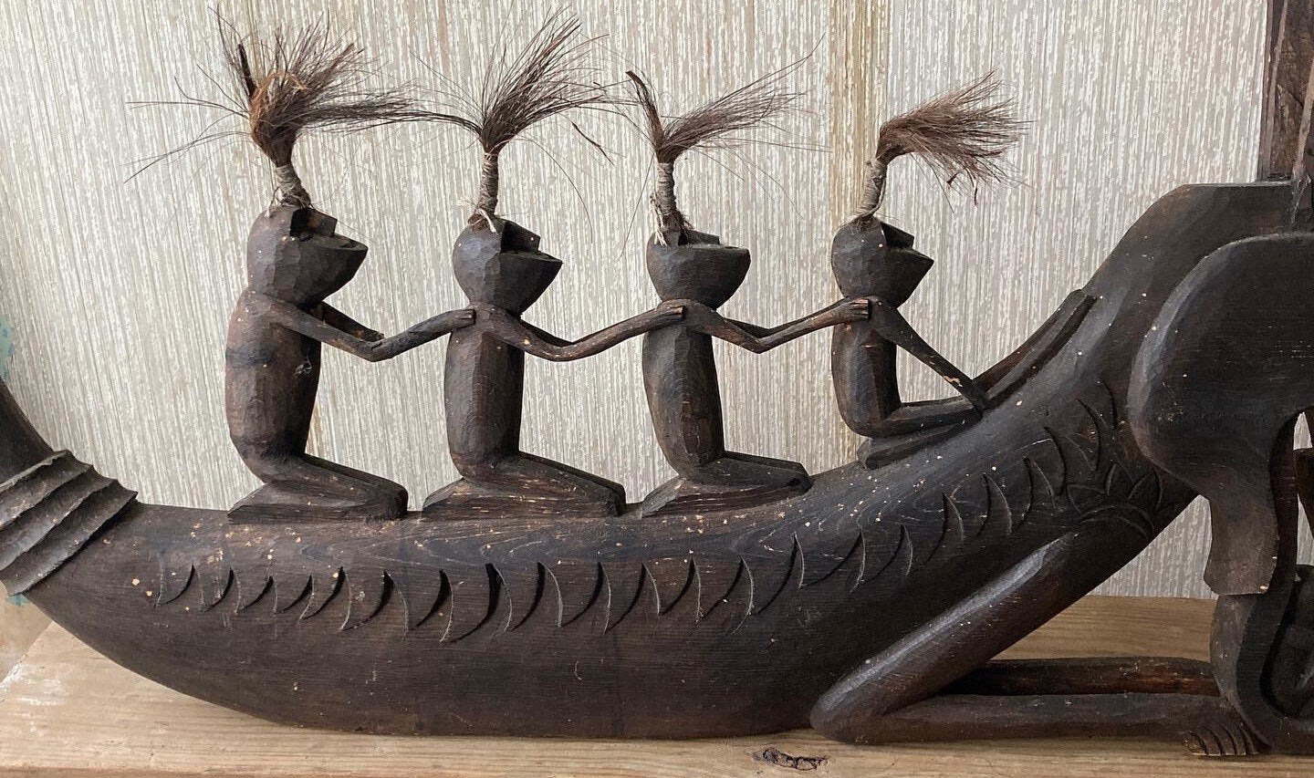 Vintage Hand Carved Dragon Boat with 6 Passengers Sculpture Wood Carving, Borneo Tribe Carving, Lover Antiques and Vintage