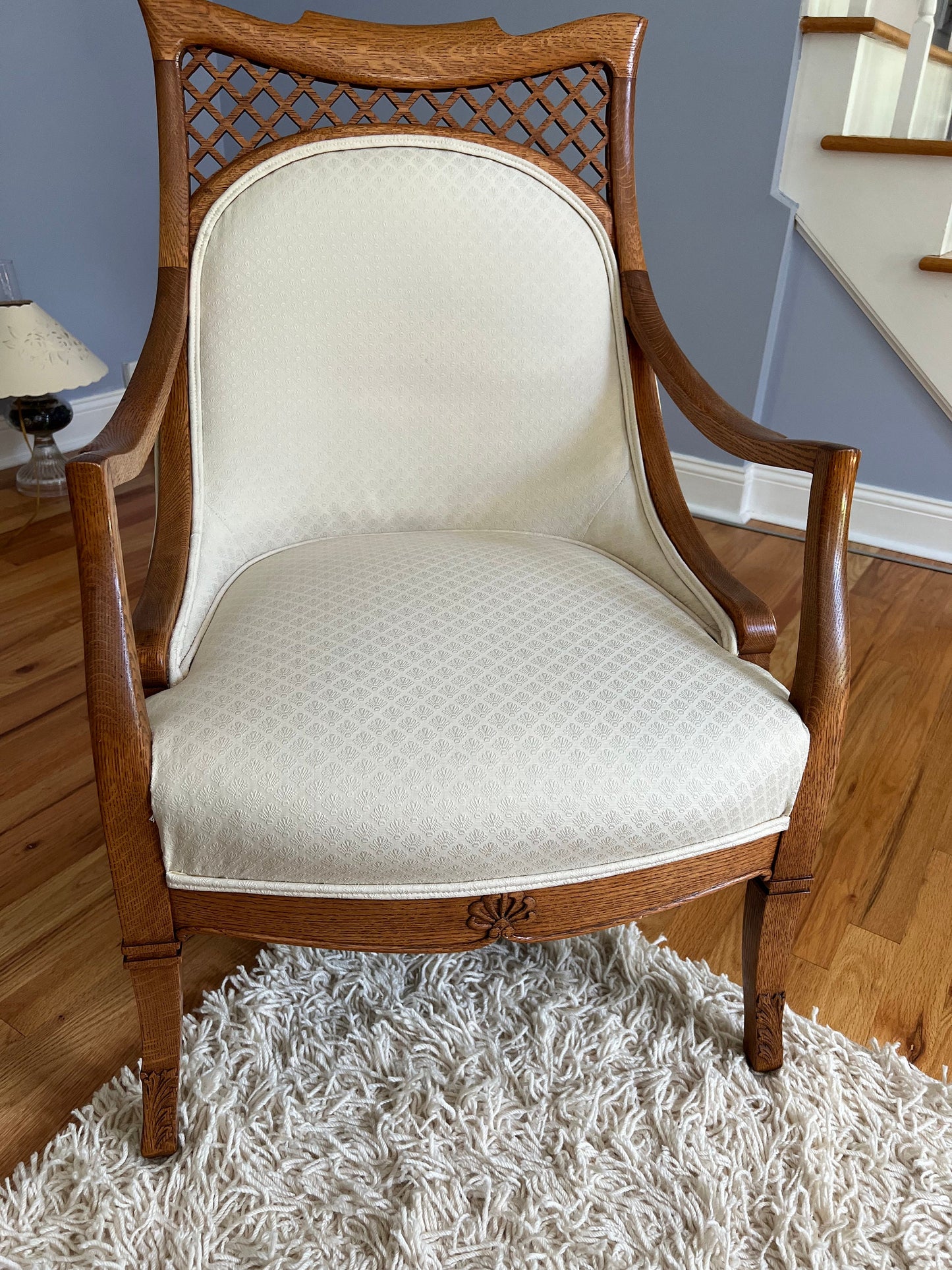 Antique Tiger Oak Cross Pattern Upholstered Accent Chair Lover Antiques and Vintage