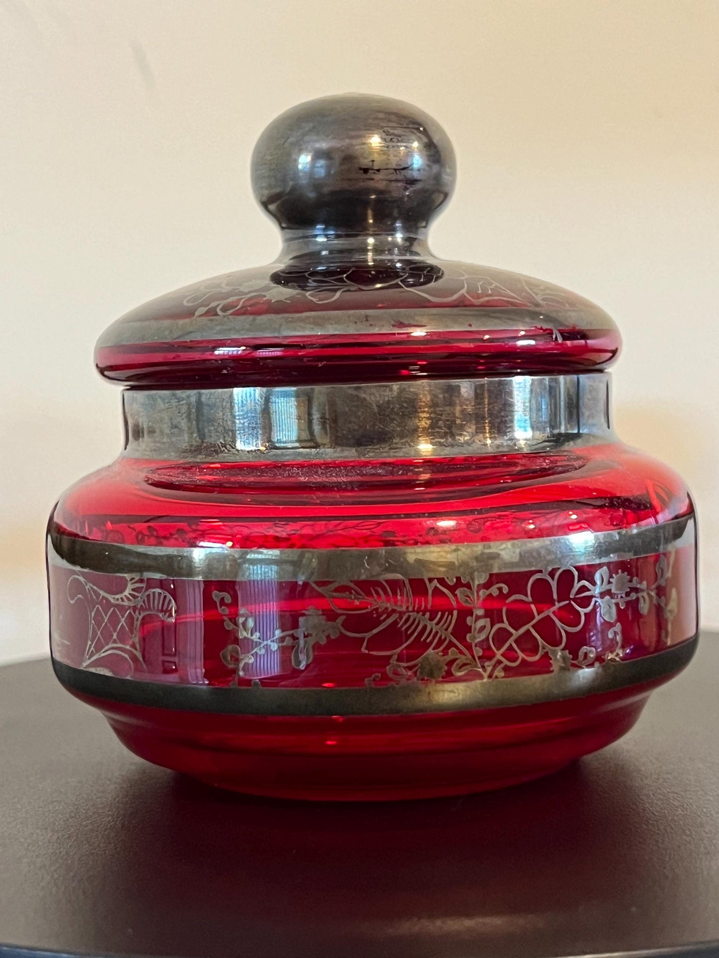 Vintage Ruby Red Glass Trinket Box: Bohemian Silver Gilding
