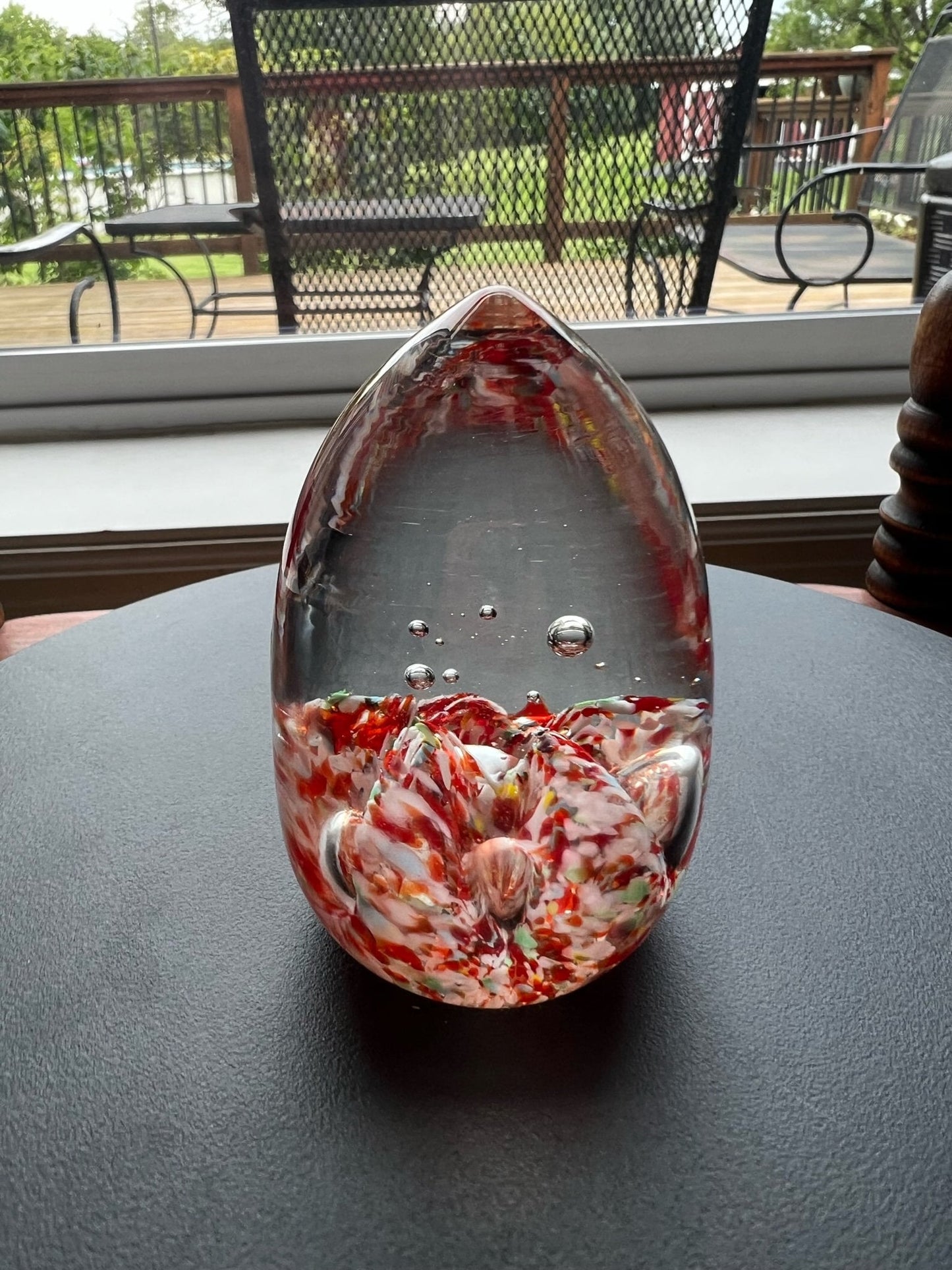 Vintage Red Art Glass Paperweight: Controlled Bubble Egg Shape