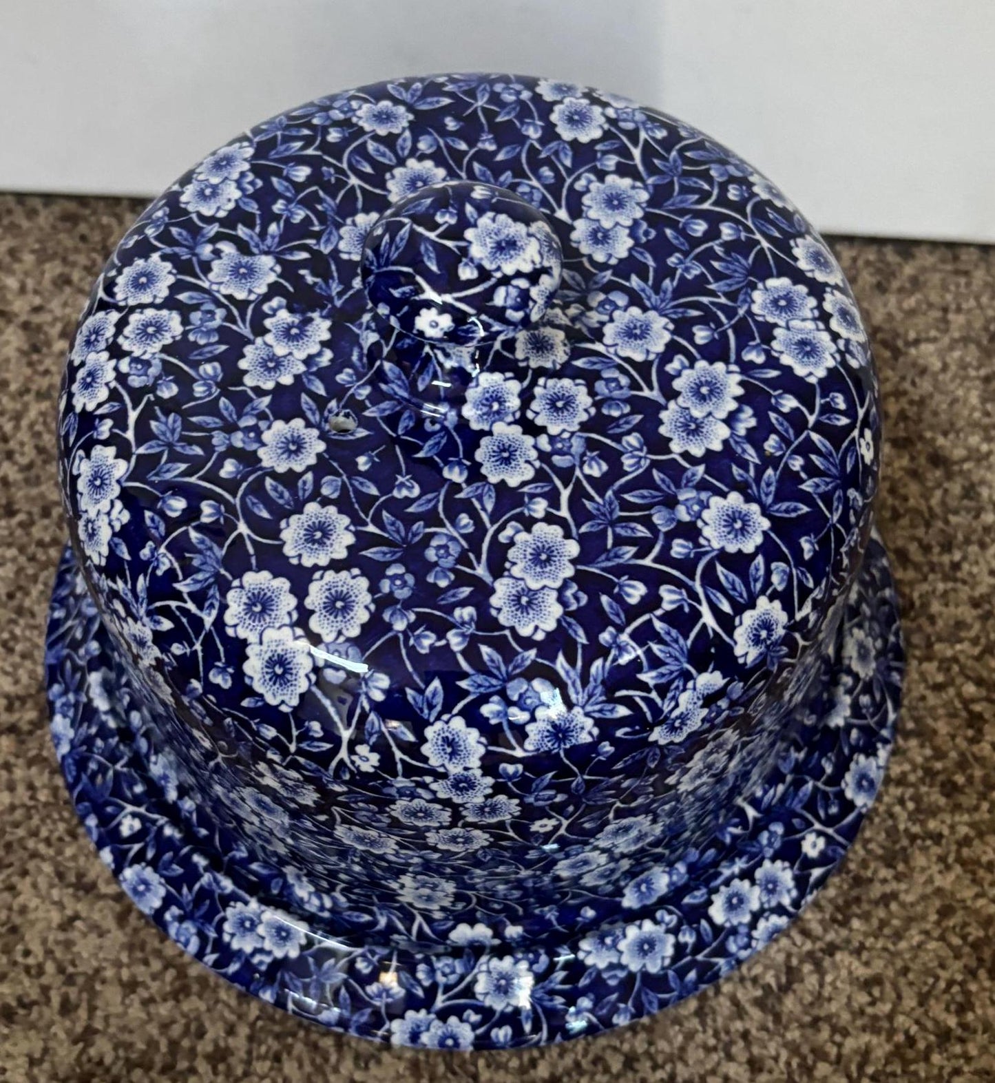 Burleigh Ware Large CALICO Blue Cheese Dome or Cake Plate with Cover Royal Crownford Ironstone England Blue and White Floral Transferware