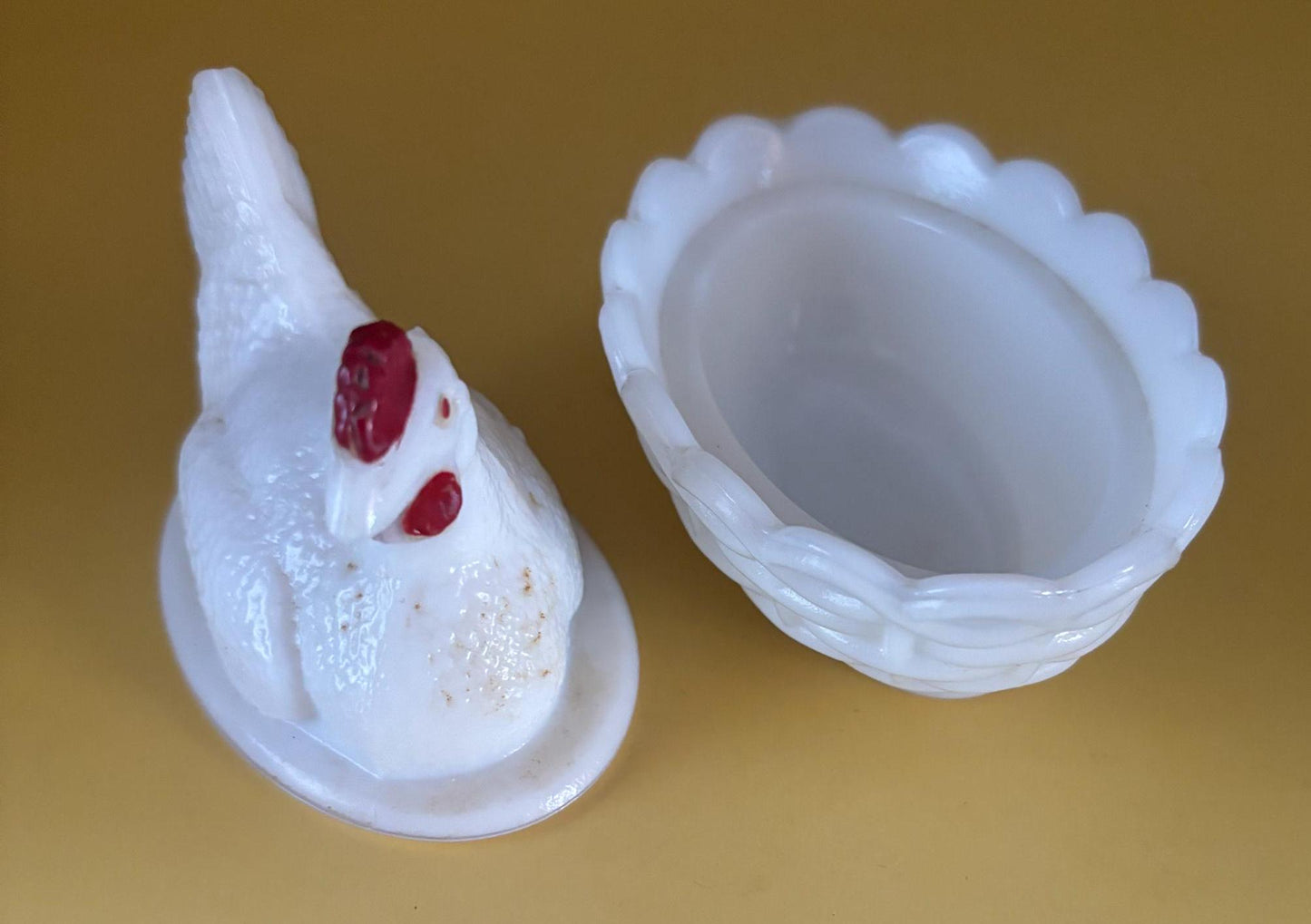 Vintage Westmoreland White & Red Rooster on Nest Glass Nesting on Basket Dish Lover Antiques and Vintage