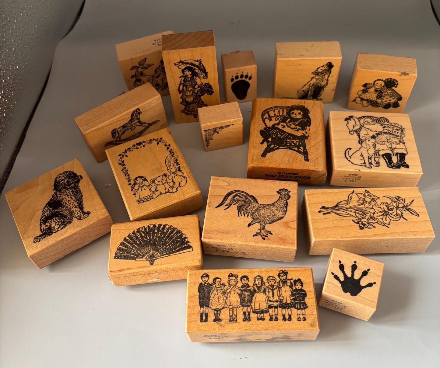 Collection of Vintage Wood Mounted Rubber Stamps, PSX 1988 Frame, Rooster Raggedy Ann Dog Rocking Horse
