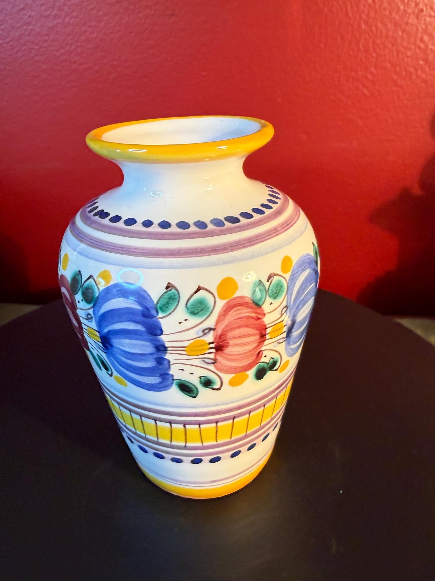 Vintage Modra Slovak Folk Art Mini Vase: Hand-Painted Majolika Pottery, 3 Inch Cream Yellow Blue