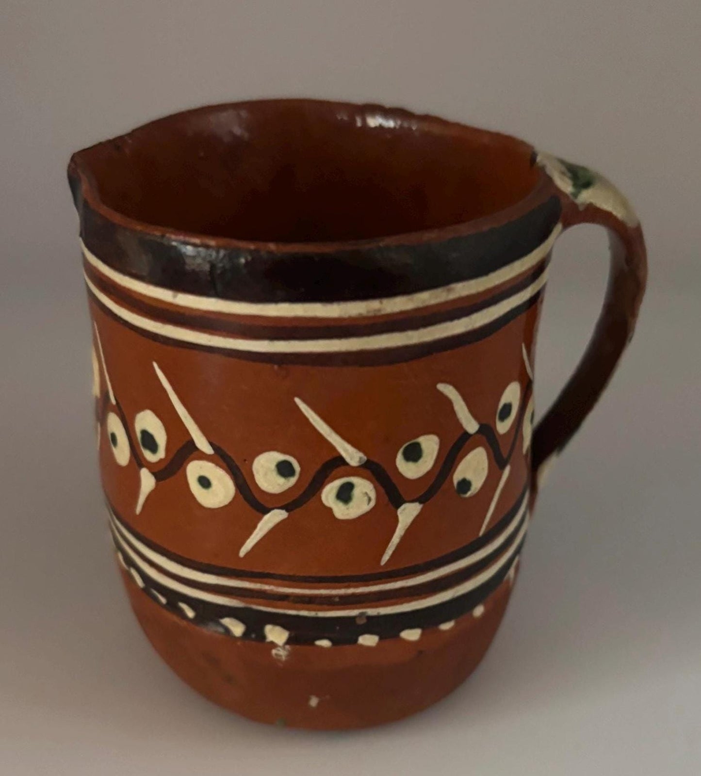 Vintage Mexican Pottery Tlaquepaque Tonala Pitcher Primitive Art Hand Made Hand Painted Lover Antiques Vintage