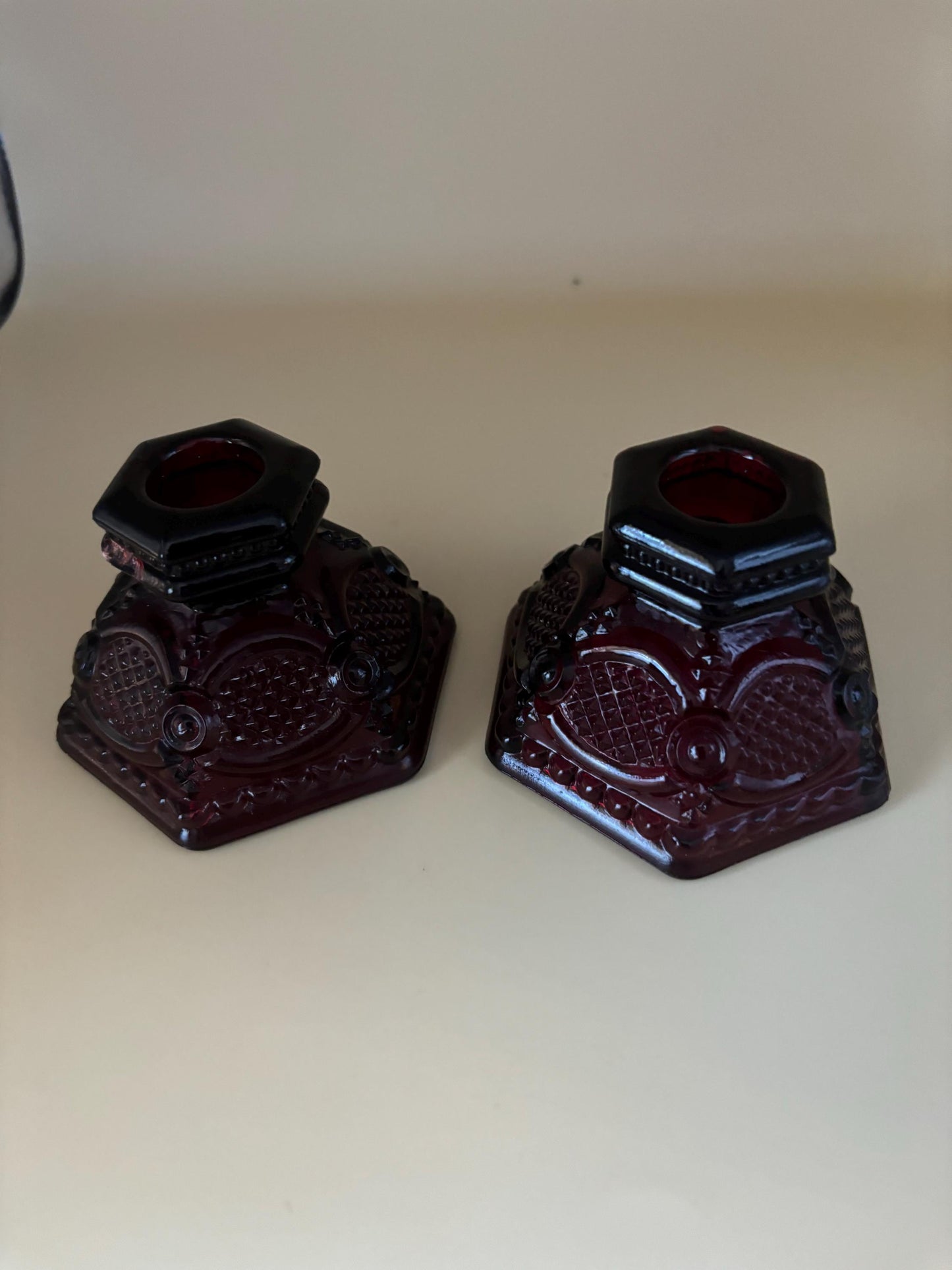 Vintage Fenton Ruby Red Pair of Mini Candleholders Candlestick Holders Lover Antiques and Vintage