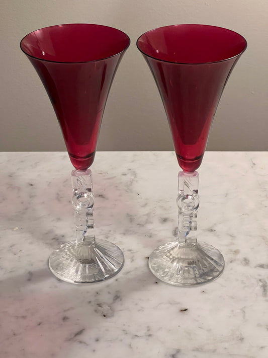 Set of 2 Cristal D’Arques Red Crystal Noel All Purpose Flutes 9.5”, Lover Antiques and Vintage