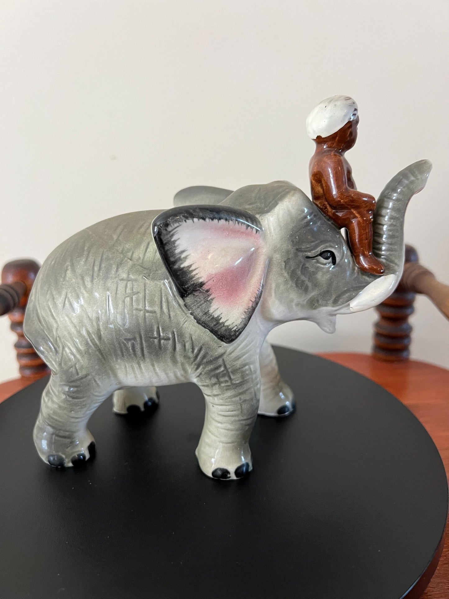 Vintage Ceramic Elephant Figurine: Trunk Up, Man Rider, Made in Japan