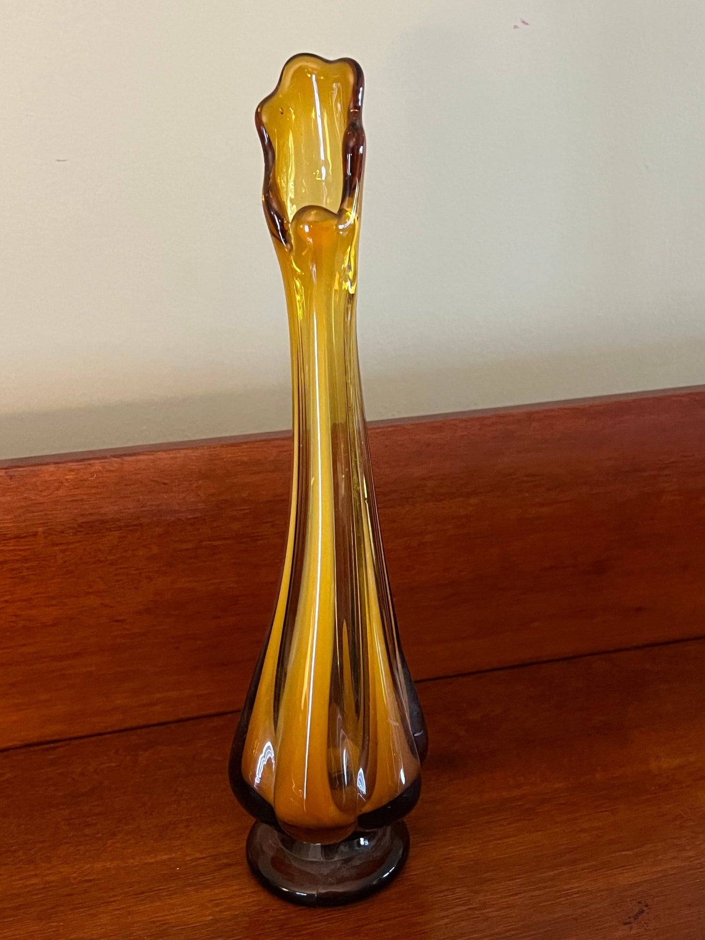 Vintage Italian Amber Swung Glass Vase: Mid-Century Pedestal Vase