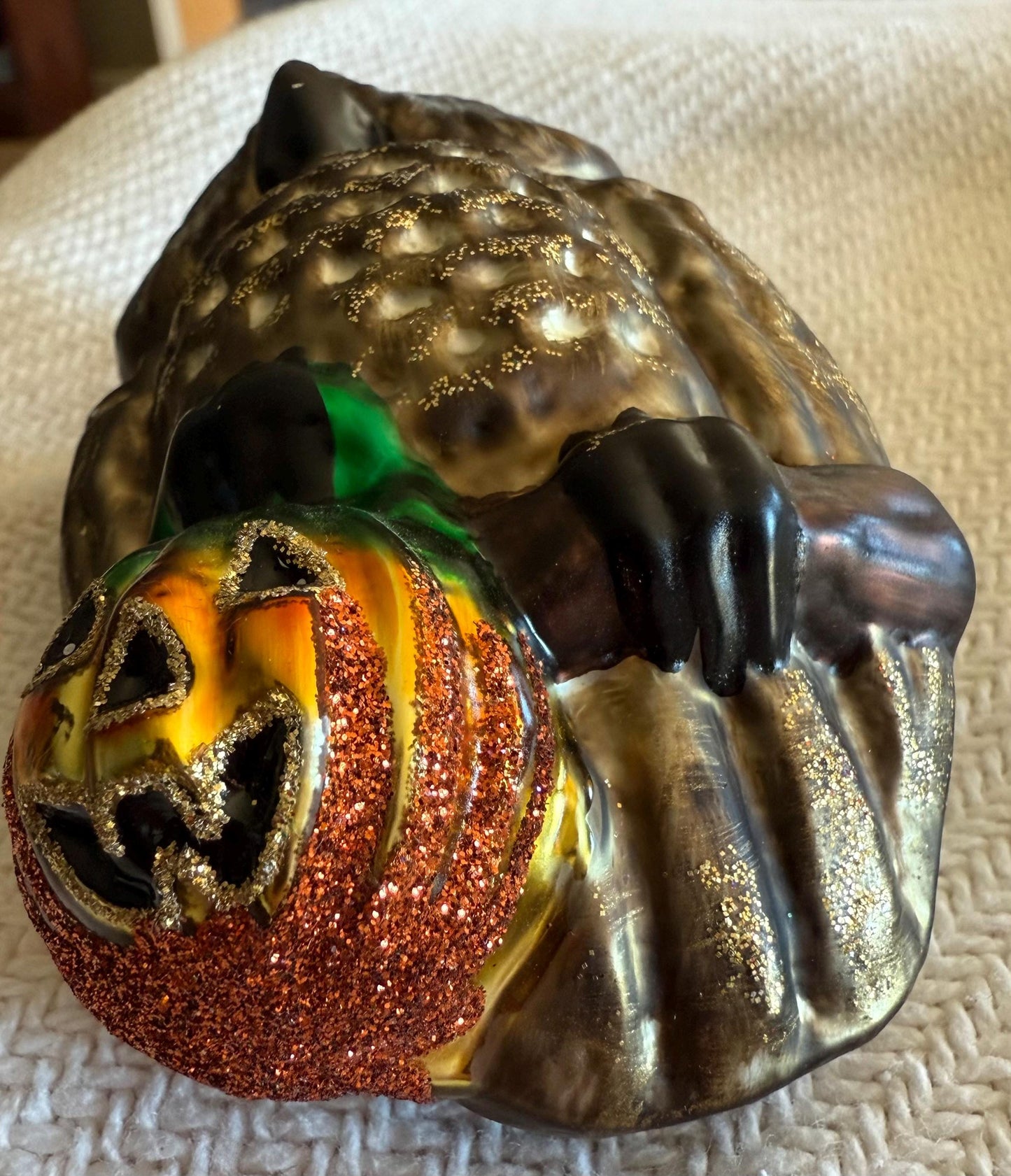 Vintage Owl with Pumpkin Ornament Slavic Poland Hand Blown Green Glass Owl Christmas Holiday Lover Antiques and Vintage