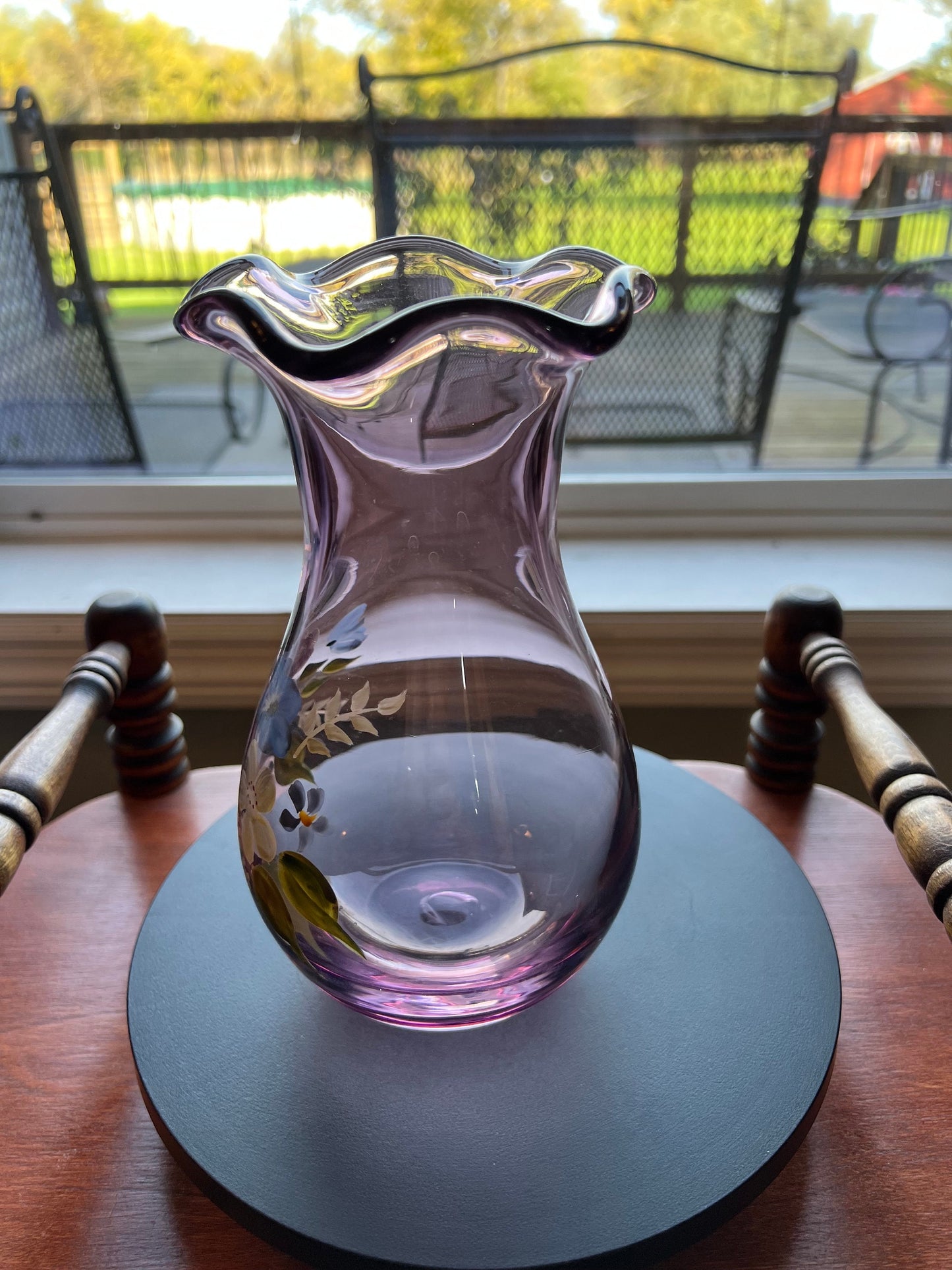 Vintage Fenton Hand Painted Purple Amethyst Vase, Ruffled Top Vase, Art Glass Lover Antiques