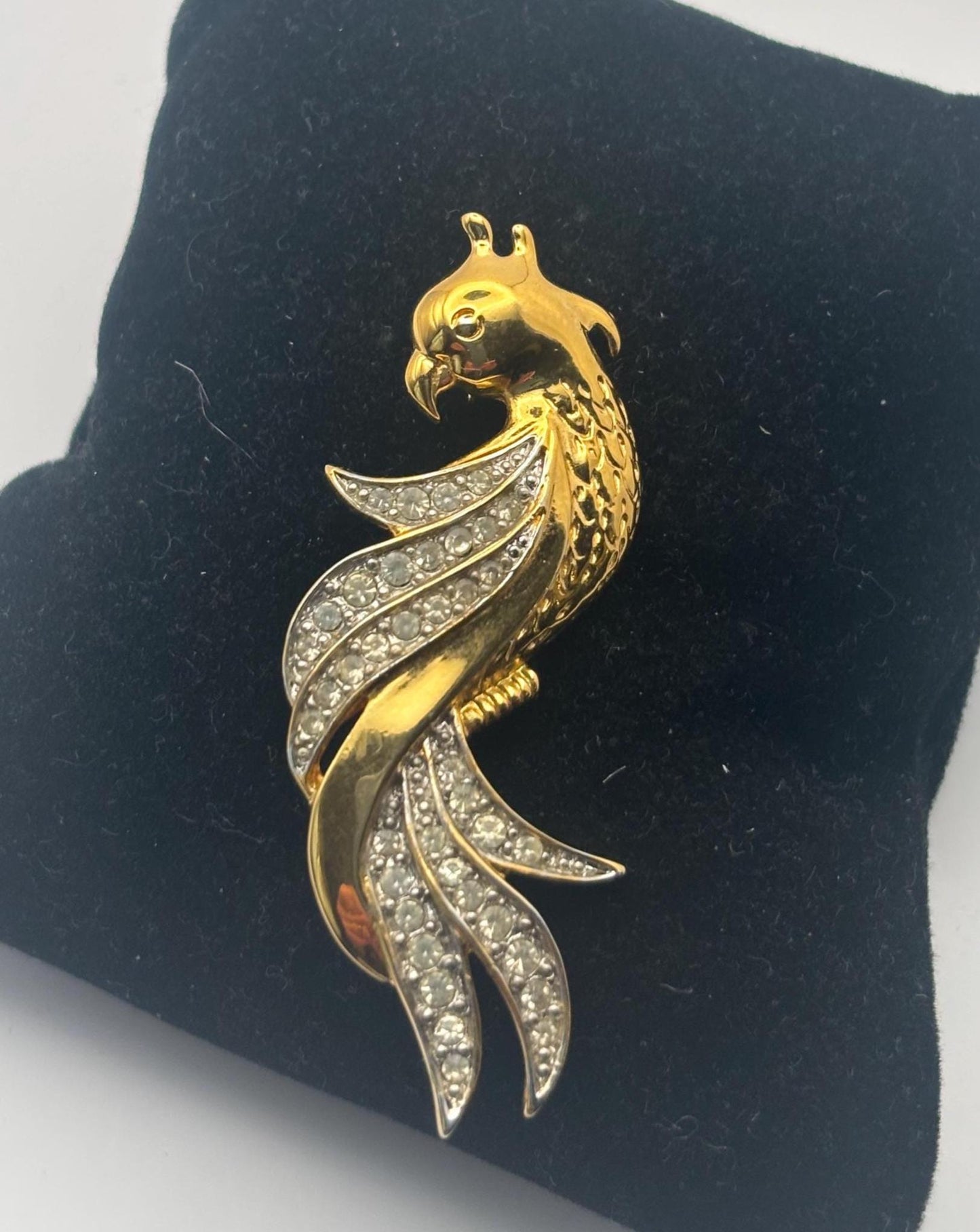 Van Dell Gold Rhinestone Parrot Brooch