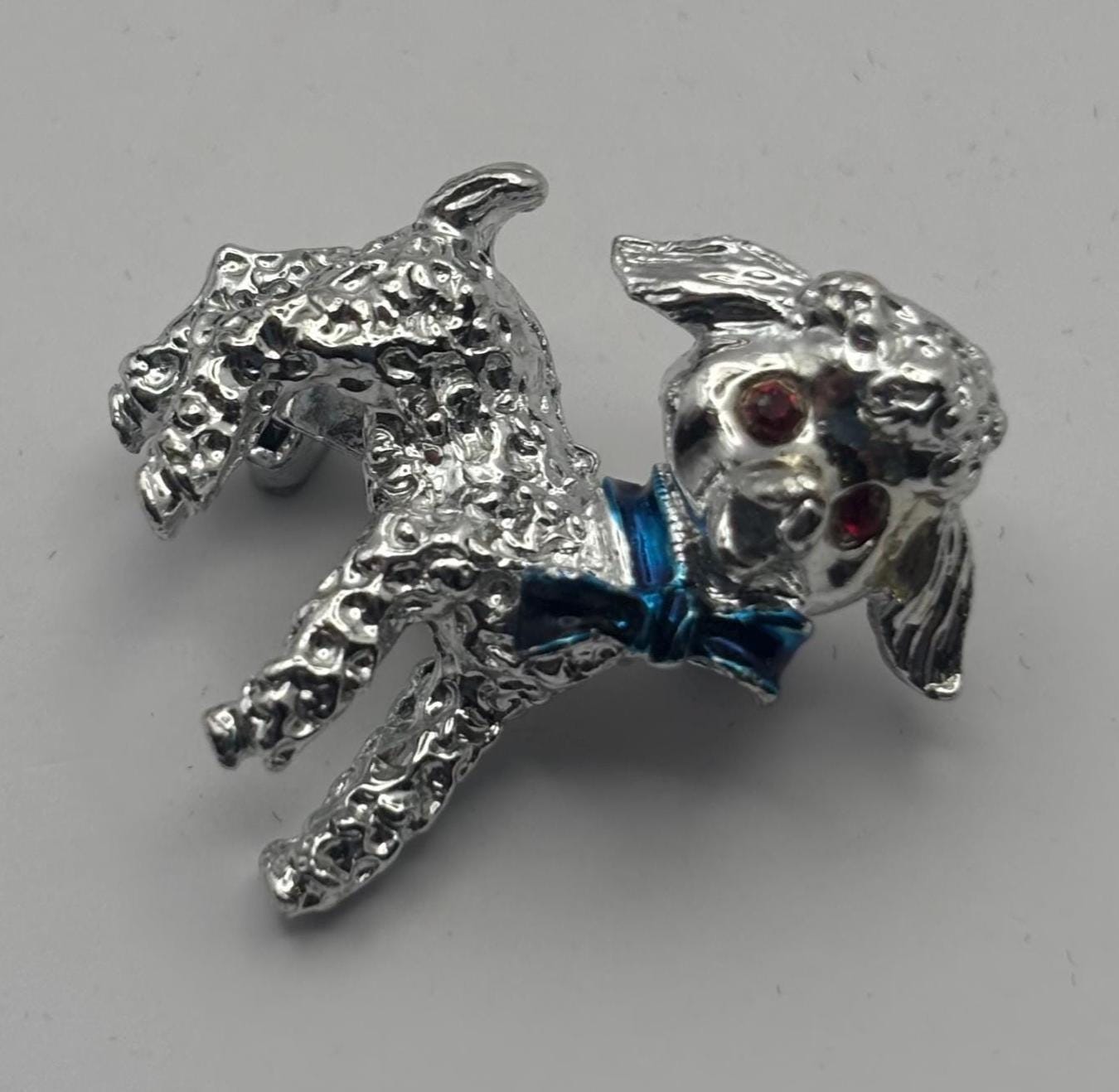 Silver Lamb Pin with Red Rhinestone Eyes and Blue Bow, Little Lambie Pin
