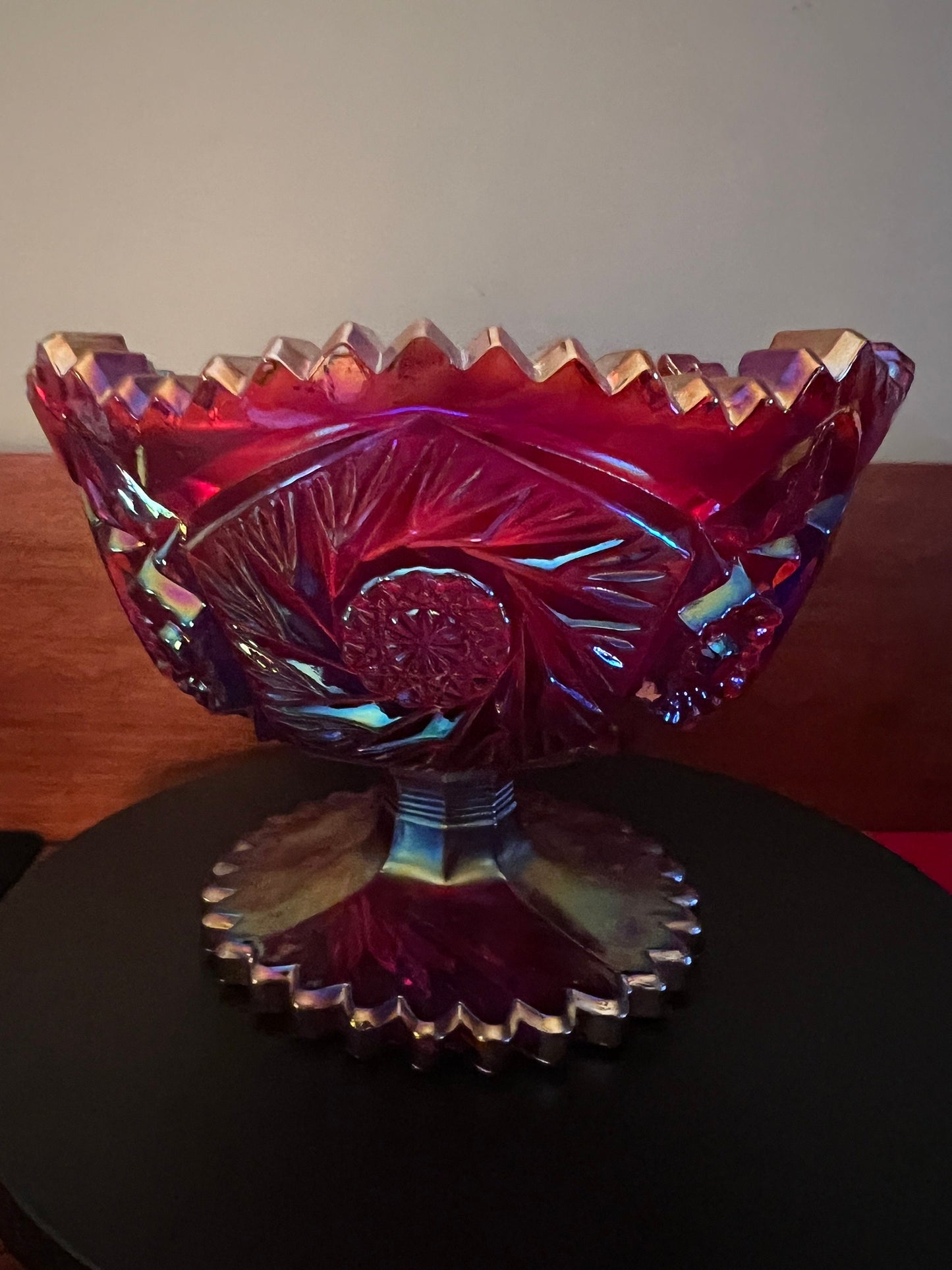 Vintage LE Smith Ruby Red Carnival Glass Footed Bowl: Heritage Aztec Design