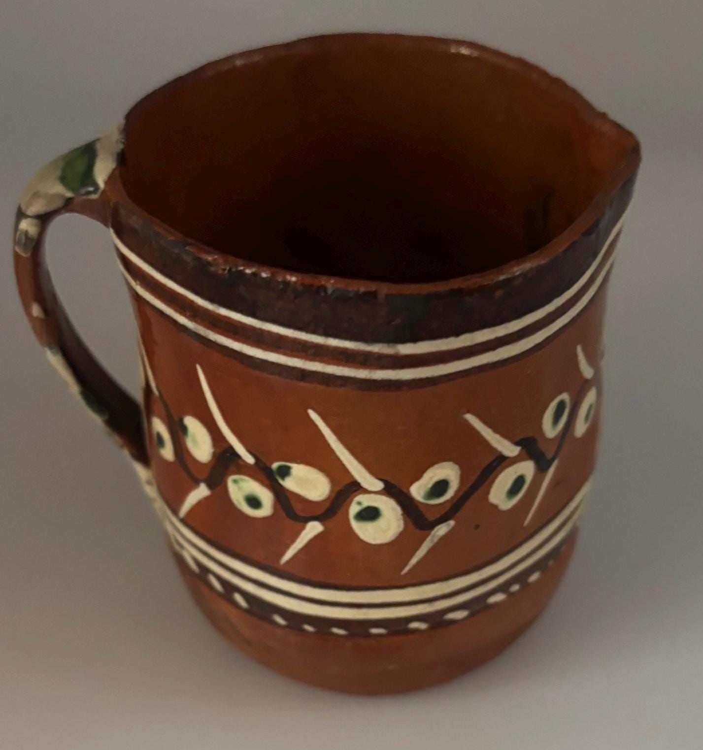 Vintage Mexican Pottery Tlaquepaque Tonala Pitcher Primitive Art Hand Made Hand Painted Lover Antiques Vintage